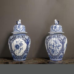 18th Century Large Pair of Delft Blue and White Signed Ginger Jars