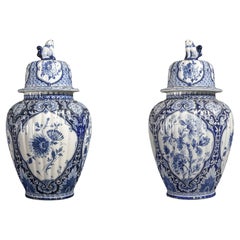 Antique 18th Century Large Pair of Delft Blue and White Signed Ginger Jars