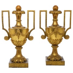 18th Century Large Pair of Italian Gilded Handled Vases Neoclassical Carving