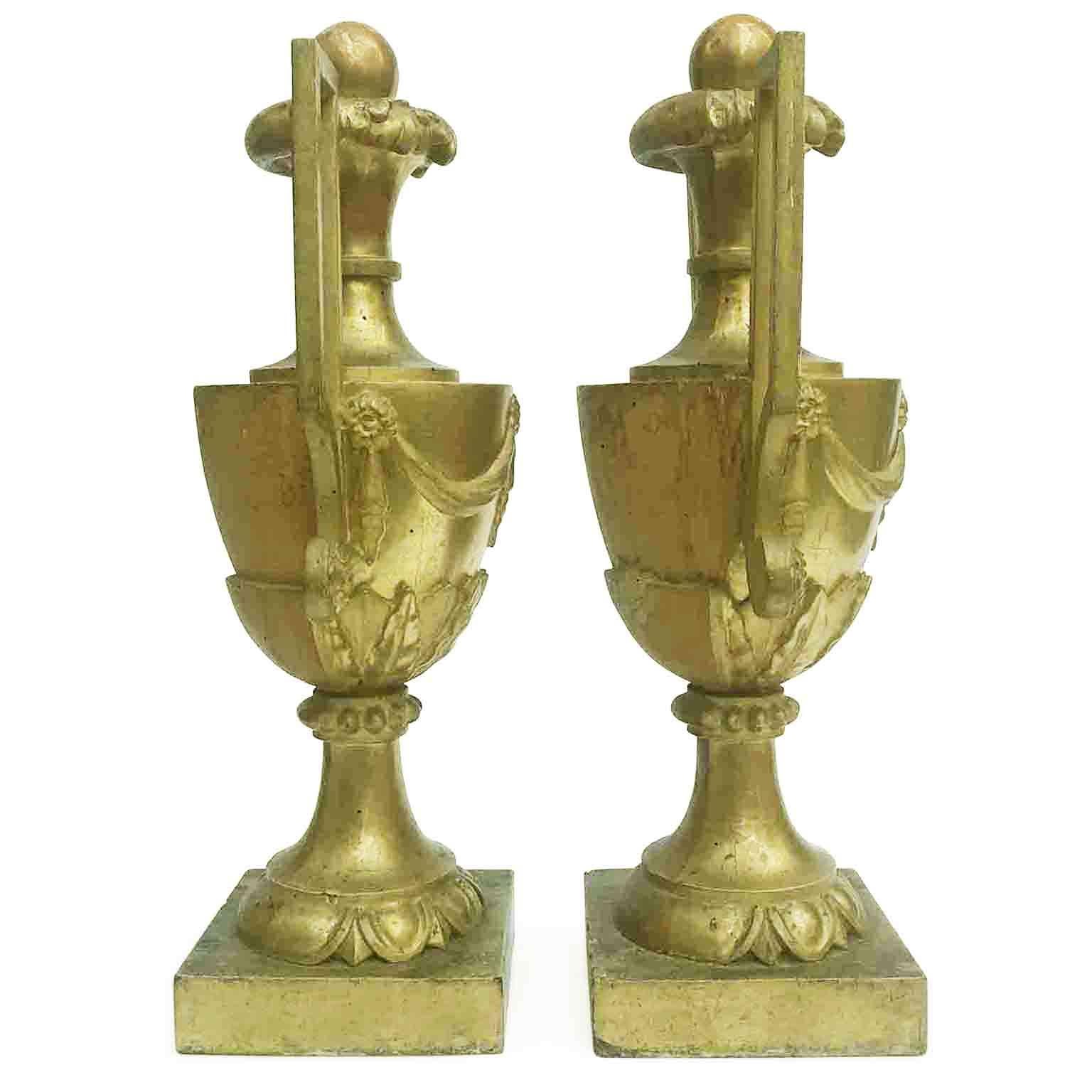 18th Century Large Pair of Italian Gilded Handled Vases Neoclassical Carving For Sale 1