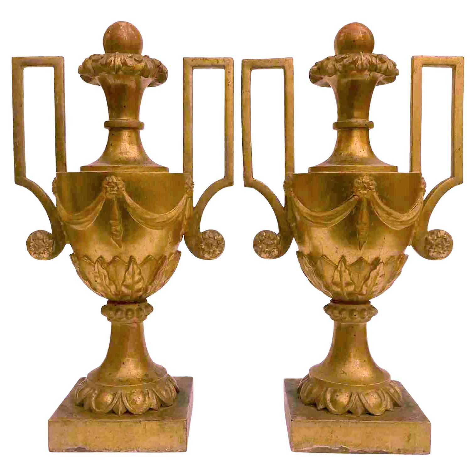 18th Century Large Pair of Italian Gilded Handled Vases Neoclassical Carving