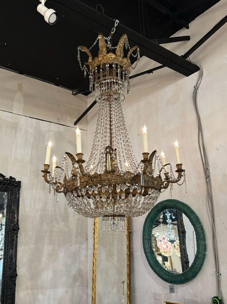 18th Century Large Scale Italian Empire Gilt Tole and Crystal Chandelier For Sale 1