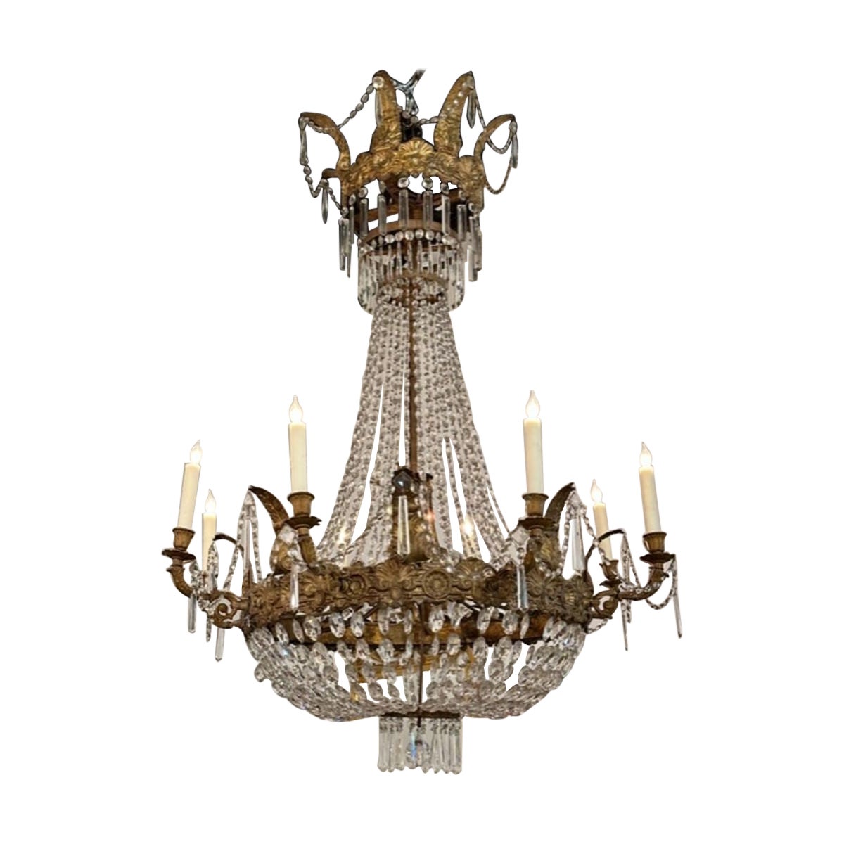 Lampadario impero italiano in tole dorate e cristallo del XVIII secolo di grandi dimensioni in vendita