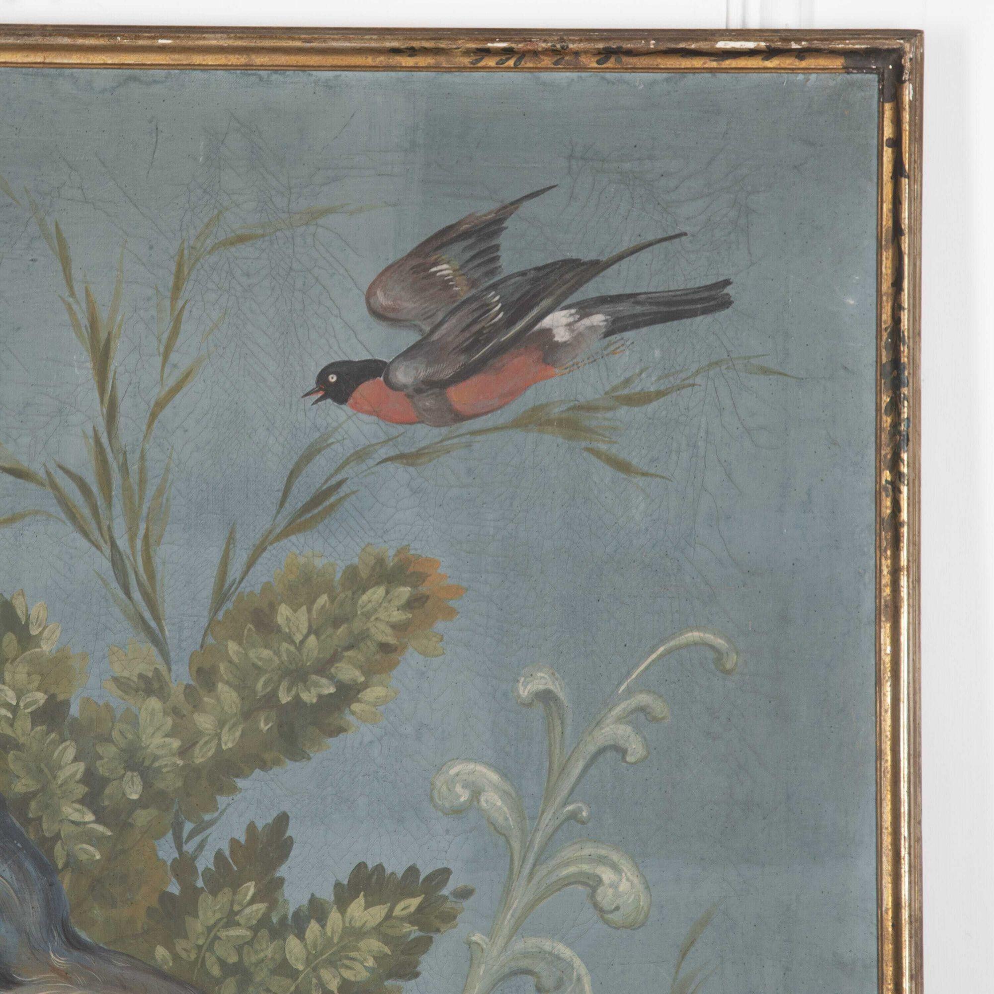 A stunning large-scale painting by Vittorio Raineri (1797 - 1869).
This a tempera on canvas painting presented in a decorated frame, depicting a fantasy landscapes of European game birds around a central stream with soft foliage.
The scientific