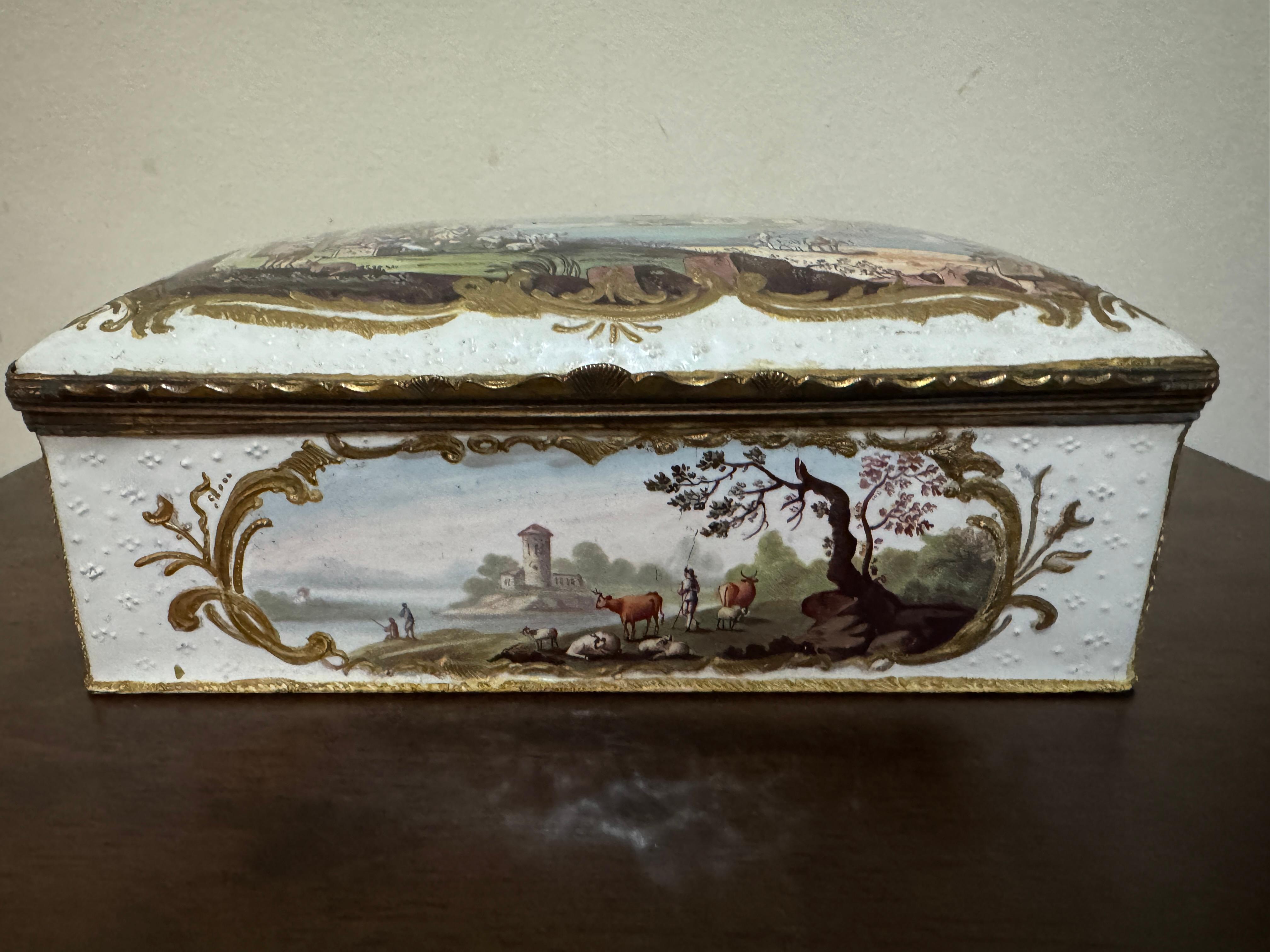 An 18th Century Large South Staffordshire Table Snuff Box, painted with figures and animals by classical ruins on a riverscape. 8.25