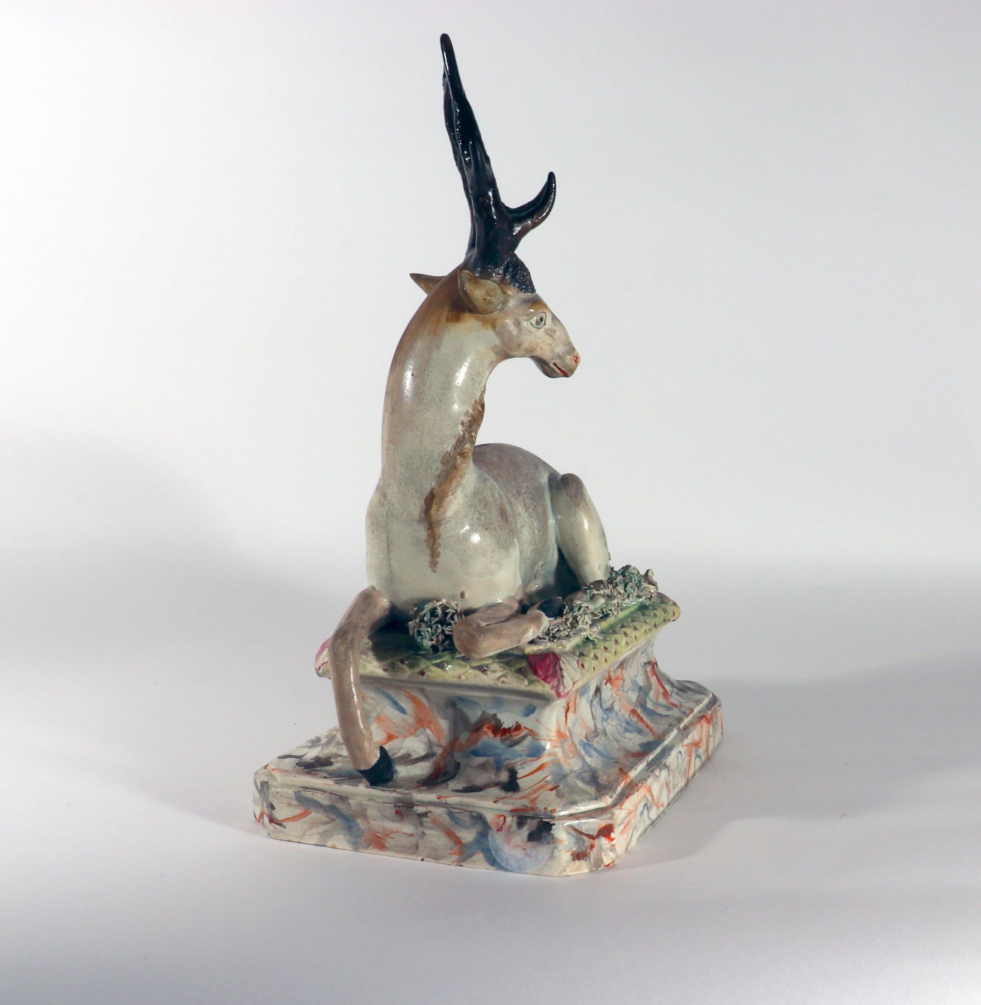 Georgian 18th-Century Large Staffordshire Pottery Figure of Recumbent Stag