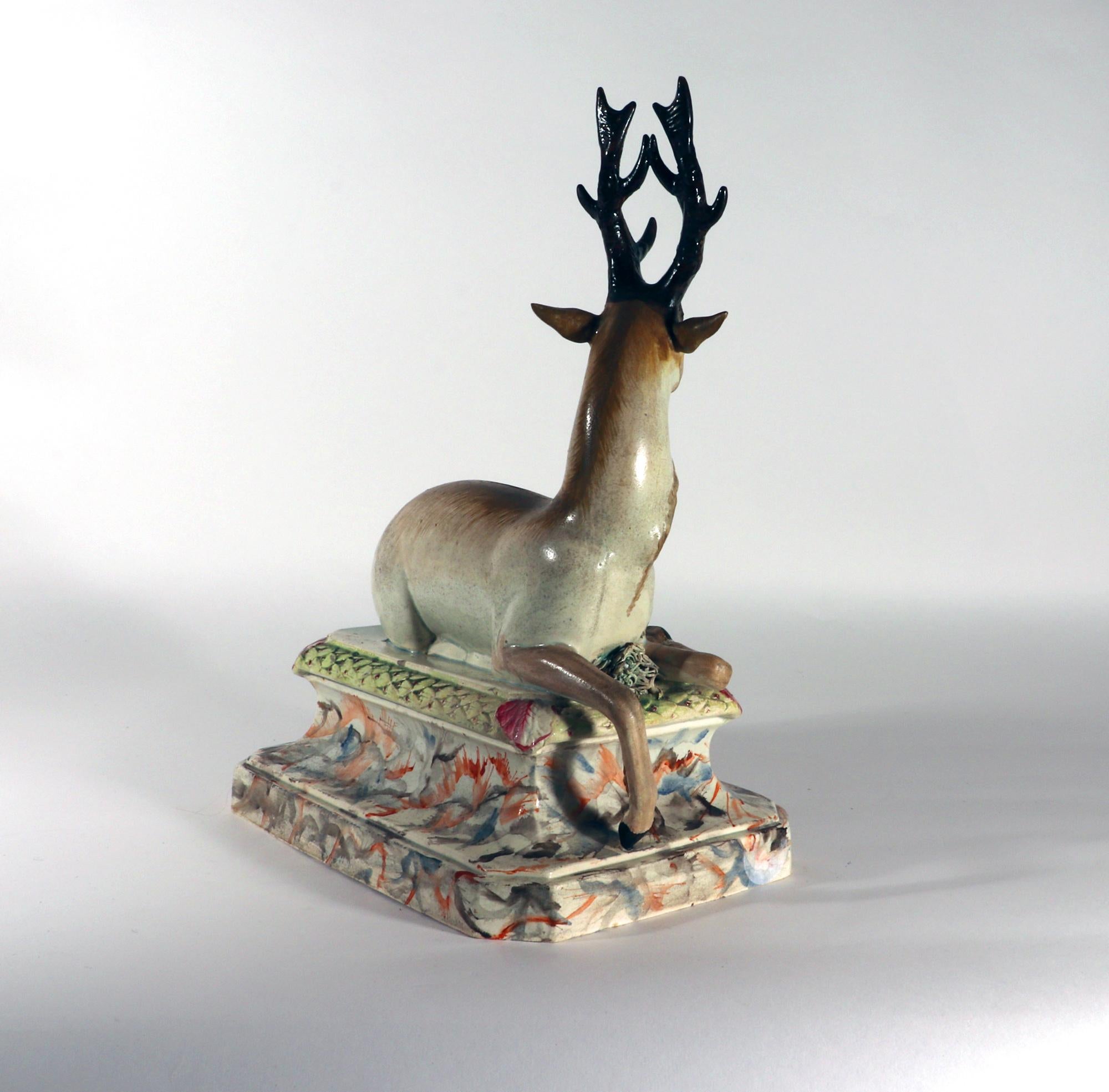 18th-Century Large Staffordshire Pottery Figure of Recumbent Stag In Good Condition In Downingtown, PA