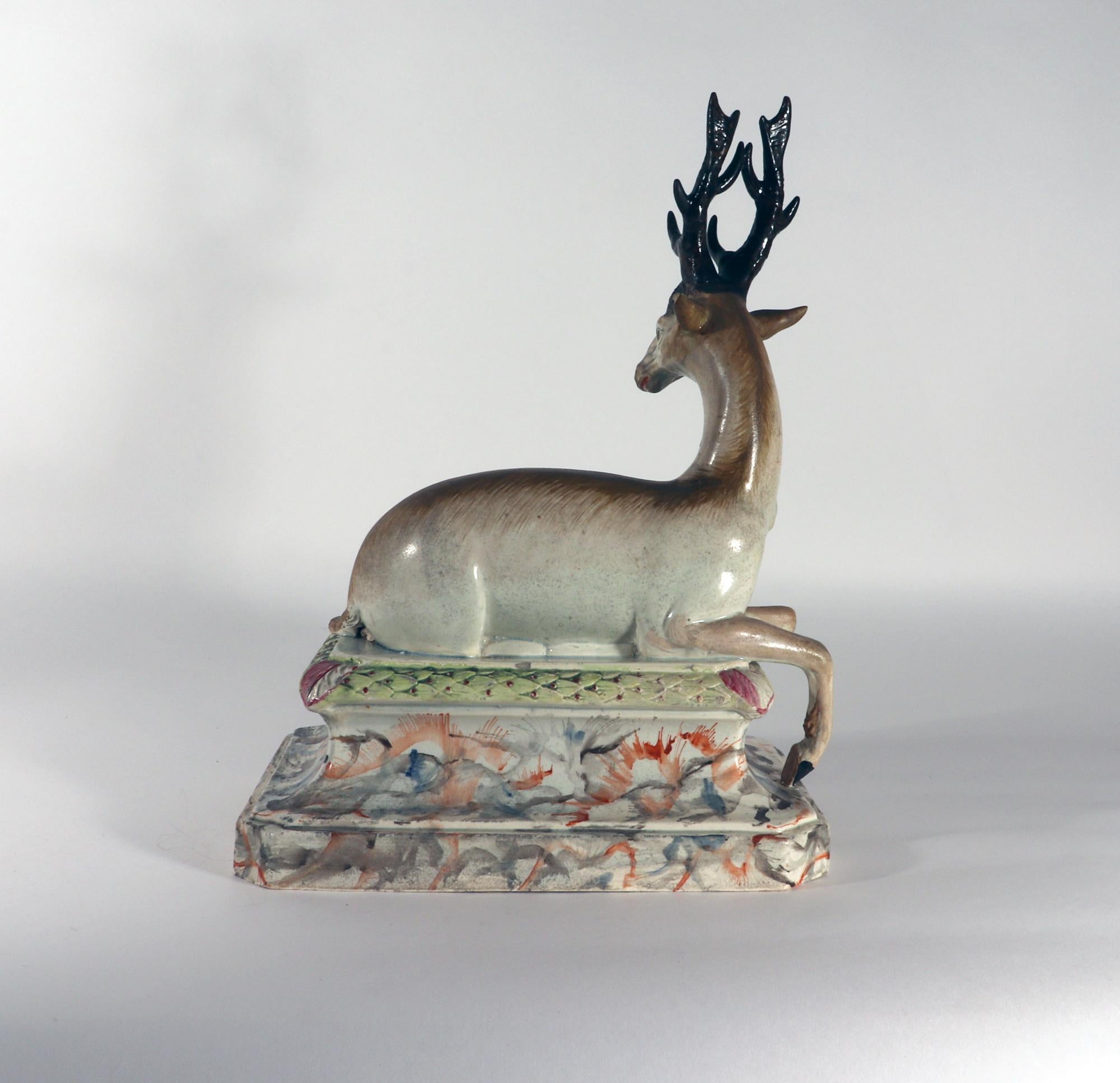 18th Century 18th-Century Large Staffordshire Pottery Figure of Recumbent Stag