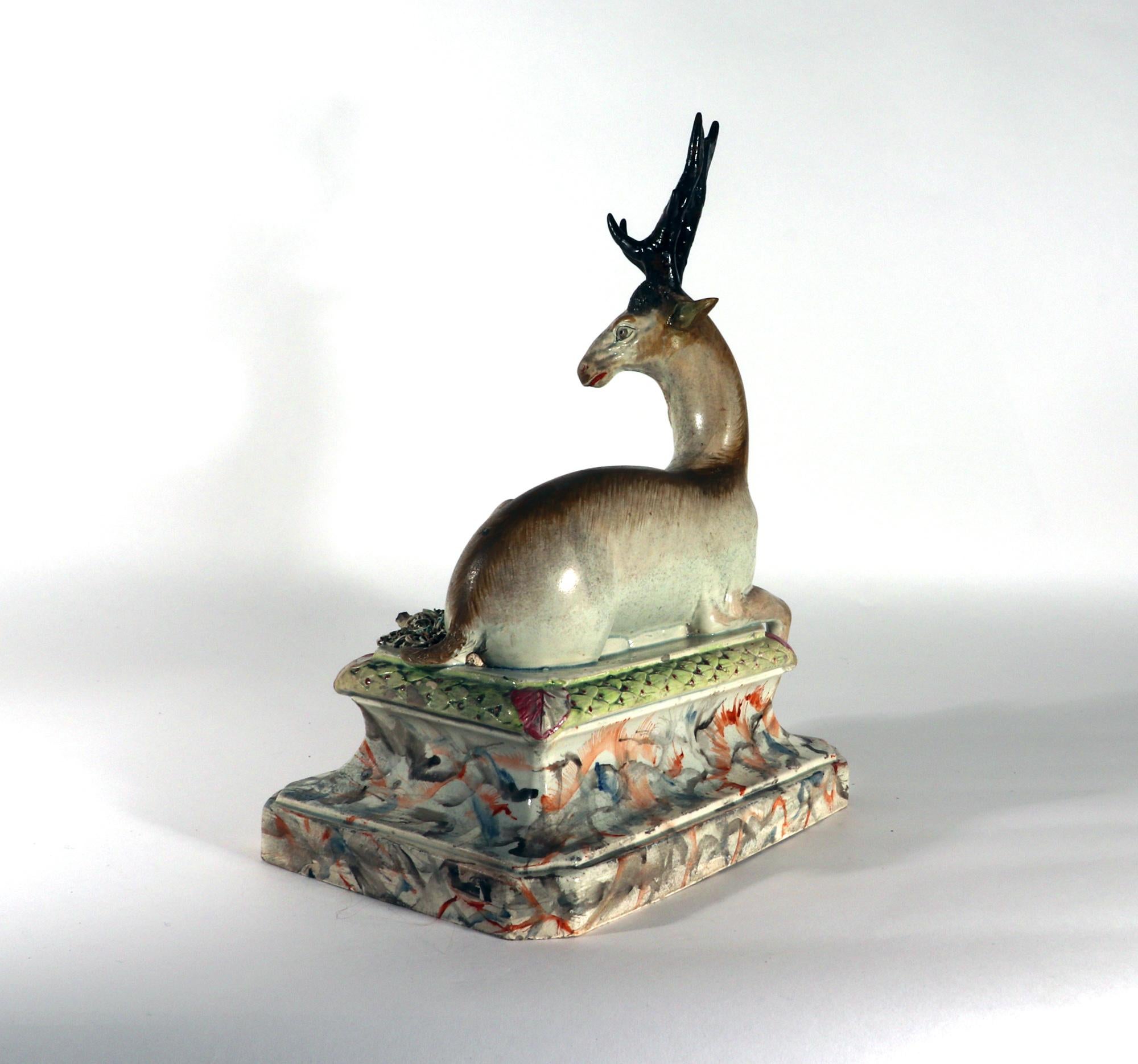 Pearlware 18th-Century Large Staffordshire Pottery Figure of Recumbent Stag