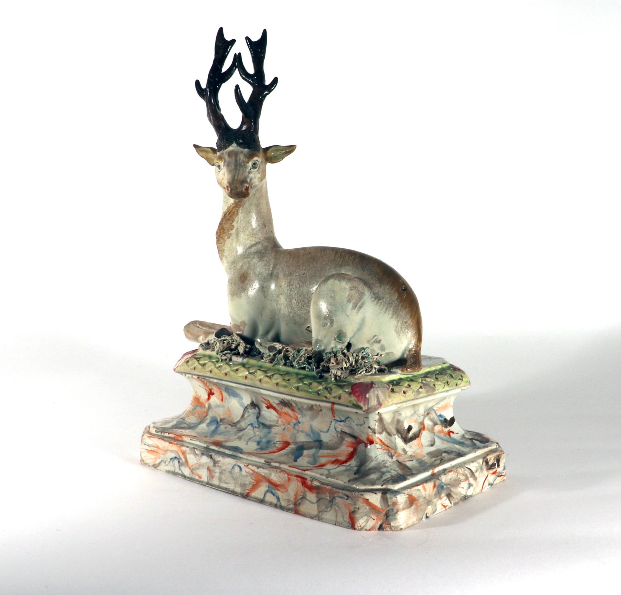 18th-Century Large Staffordshire Pottery Figure of Recumbent Stag 1