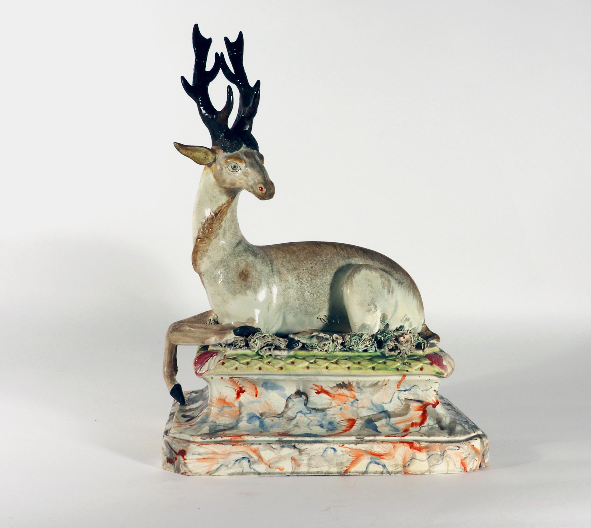 18th-Century Large Staffordshire Pottery Figure of Recumbent Stag 3