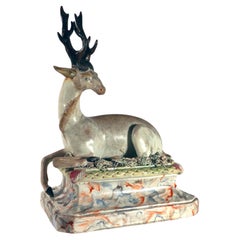 18th-Century Large Staffordshire Pottery Figure of Recumbent Stag