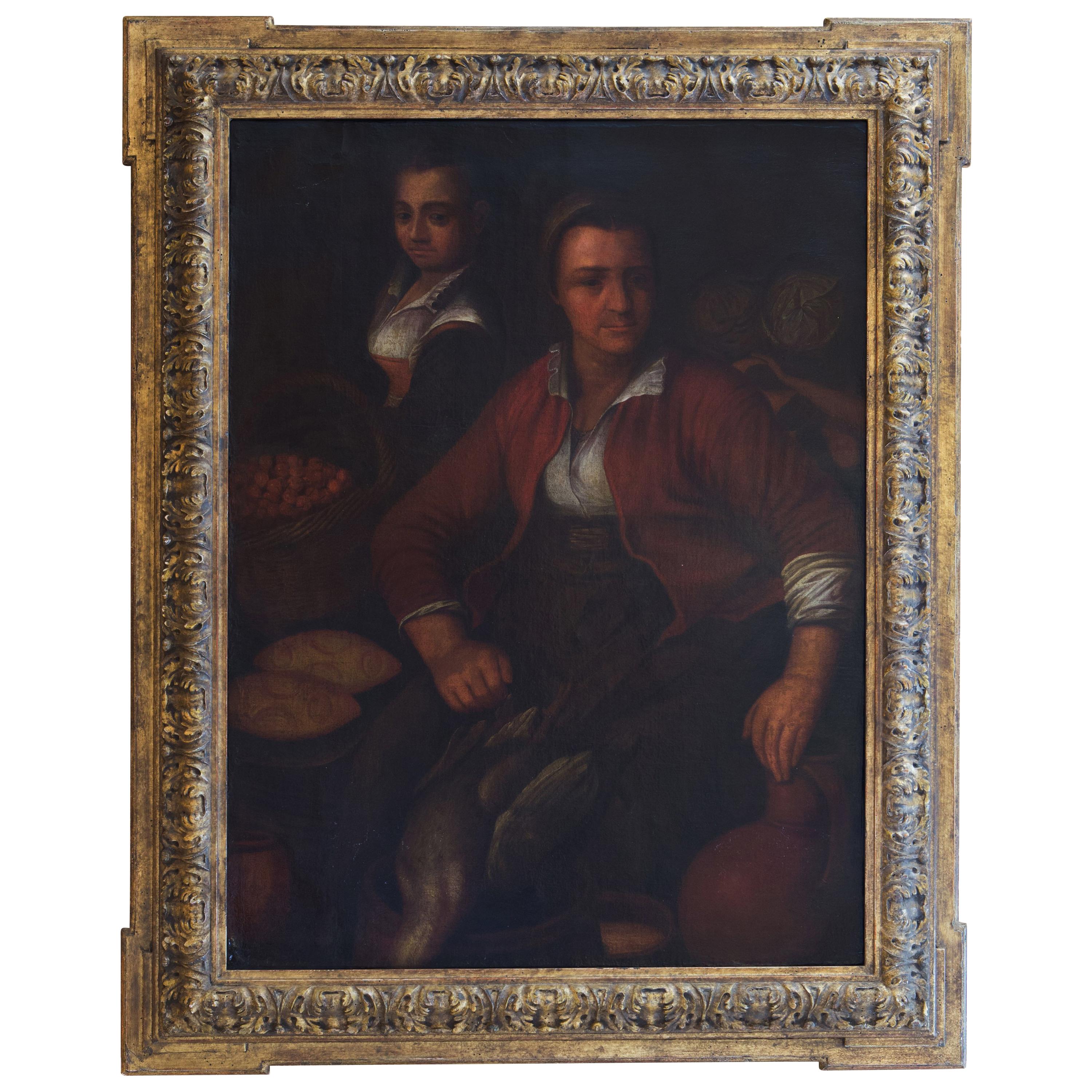 18th Century Large Still Life Oil Painting of Two Market Women and Game Birds For Sale