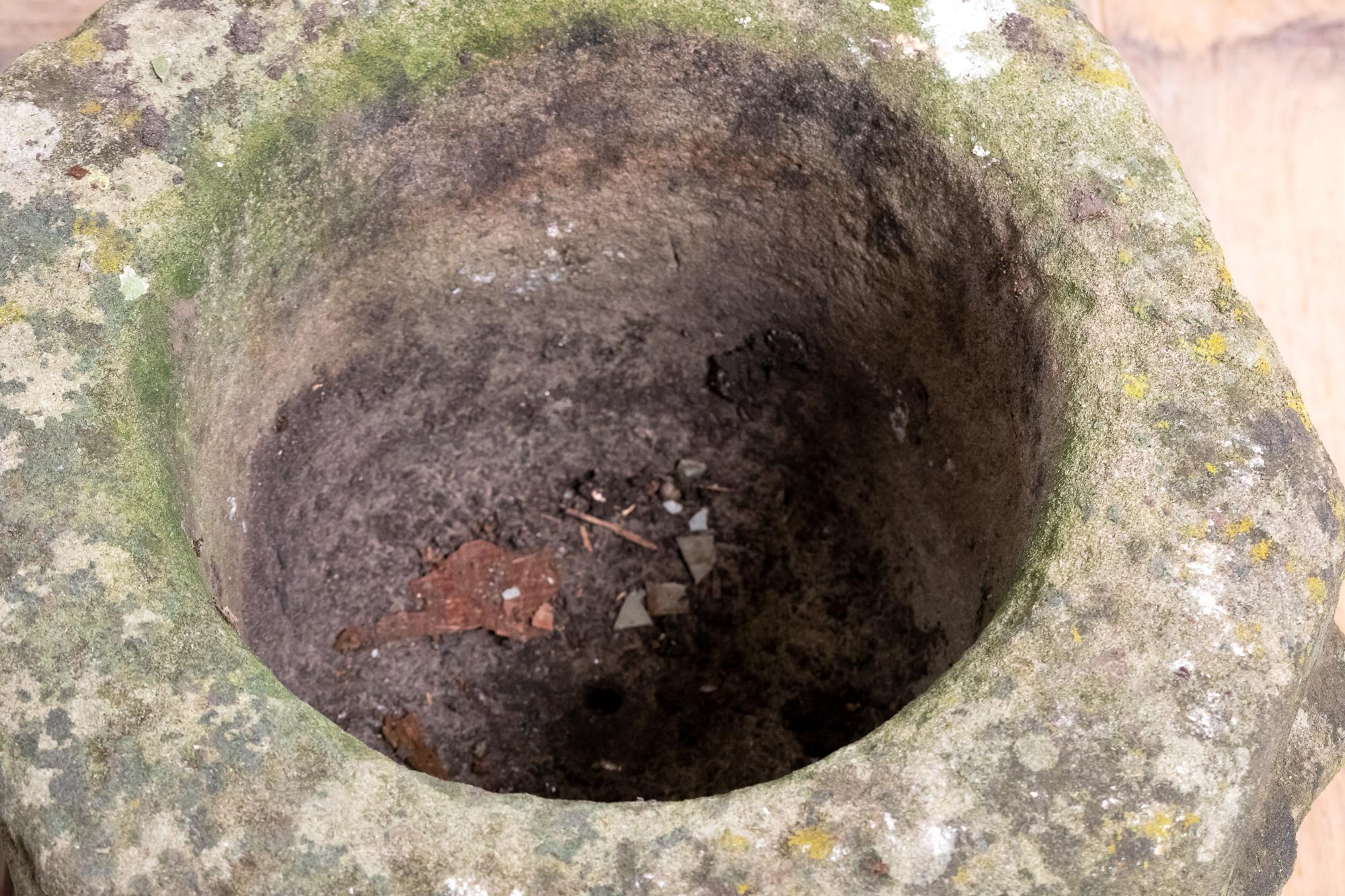 Hand-Carved 18th Century Large Weathered York Stone Mortar For Sale