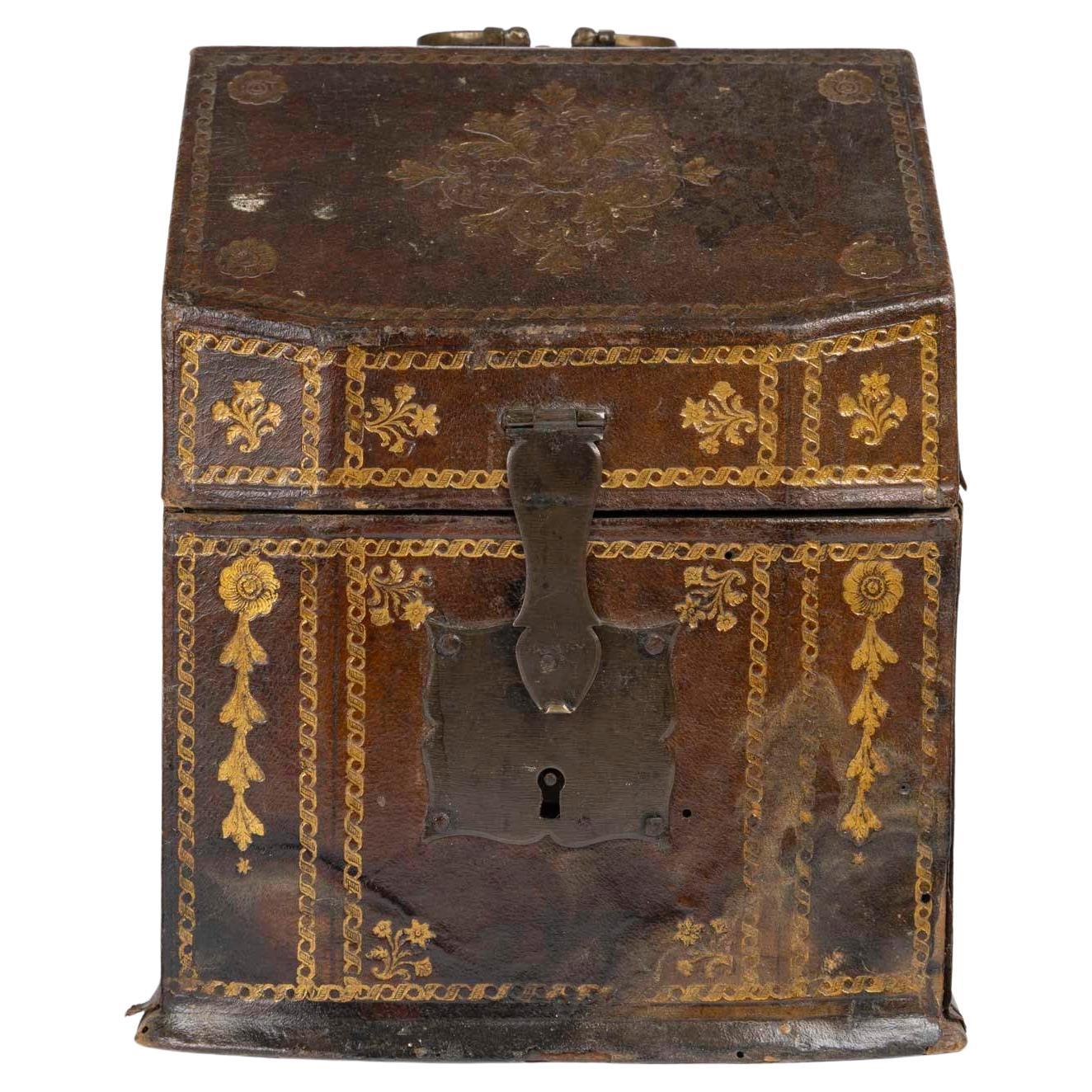 18th Century Leather-Covered Wooden Letter Box.