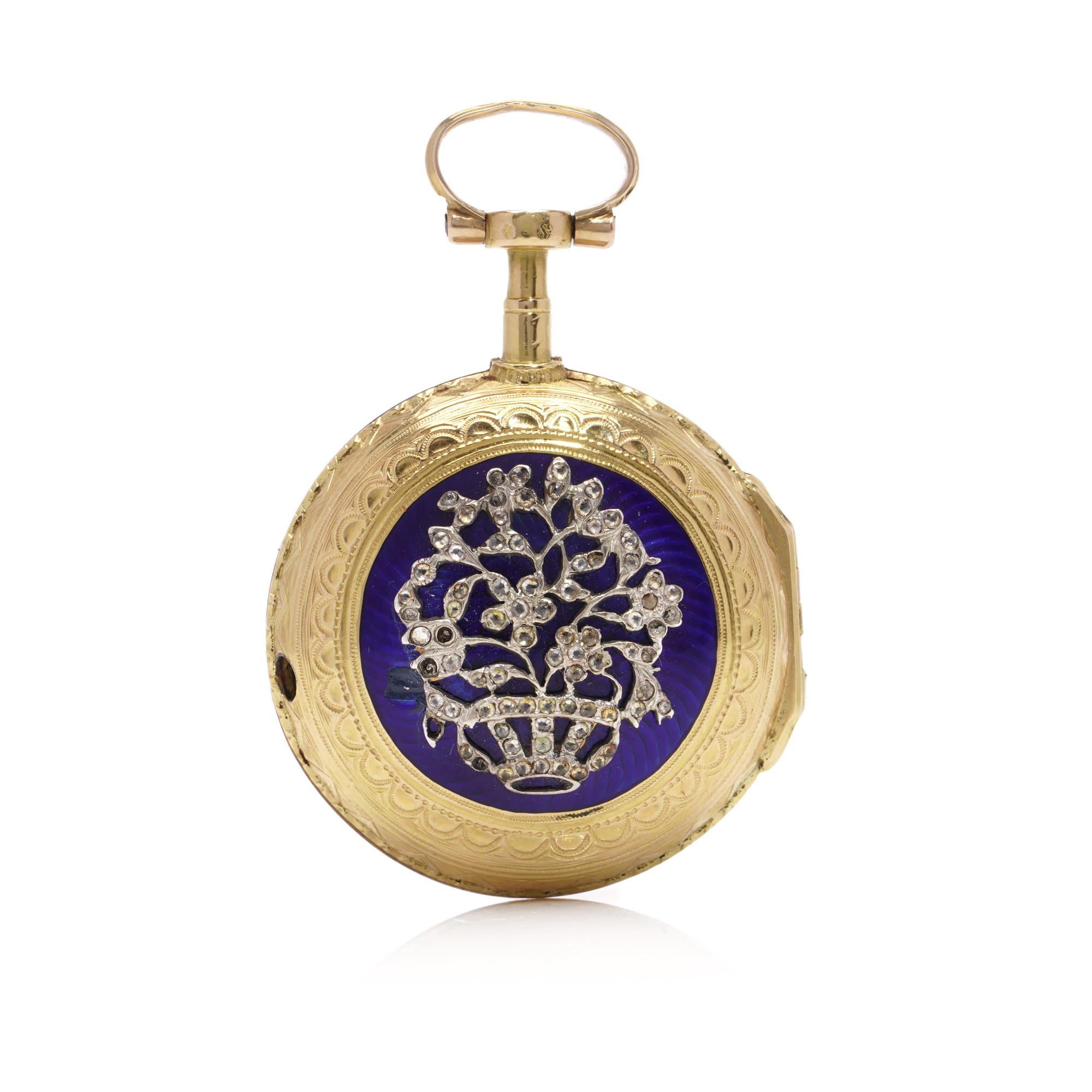 Antique Mouvement Lépine Verge fin XVIIIe siècle à clef de remontoir en or 18kt, une montre de poche en argent dont le boîtier est décoré d'émail bleu, et un coffret de bouquet de fleurs en argent, ensemble de pastilles.

Poinçonné sur le mouvement,