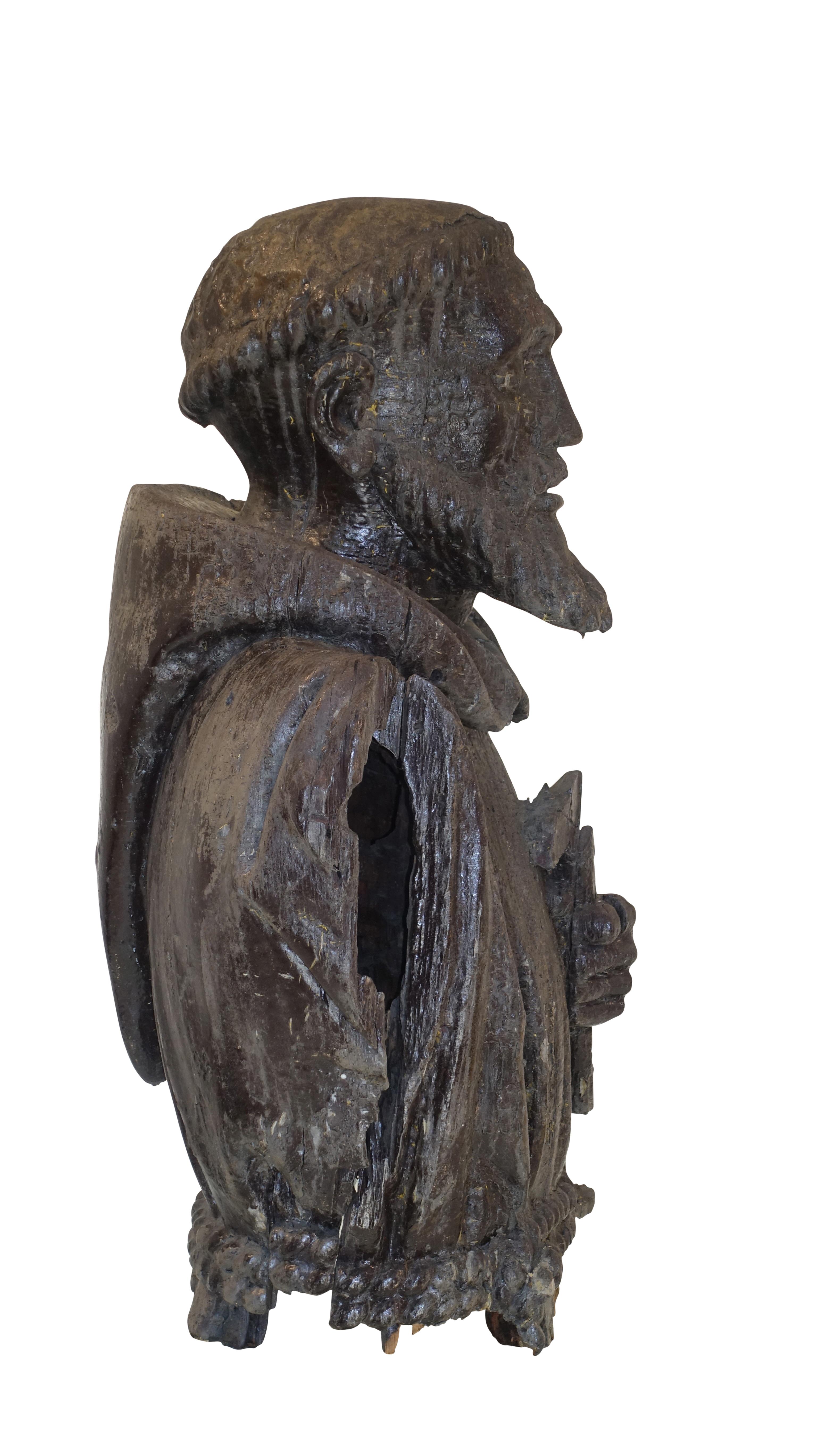 Pine 18th Century larger than Life-Size Carved and Painted Bust of Saint Francis