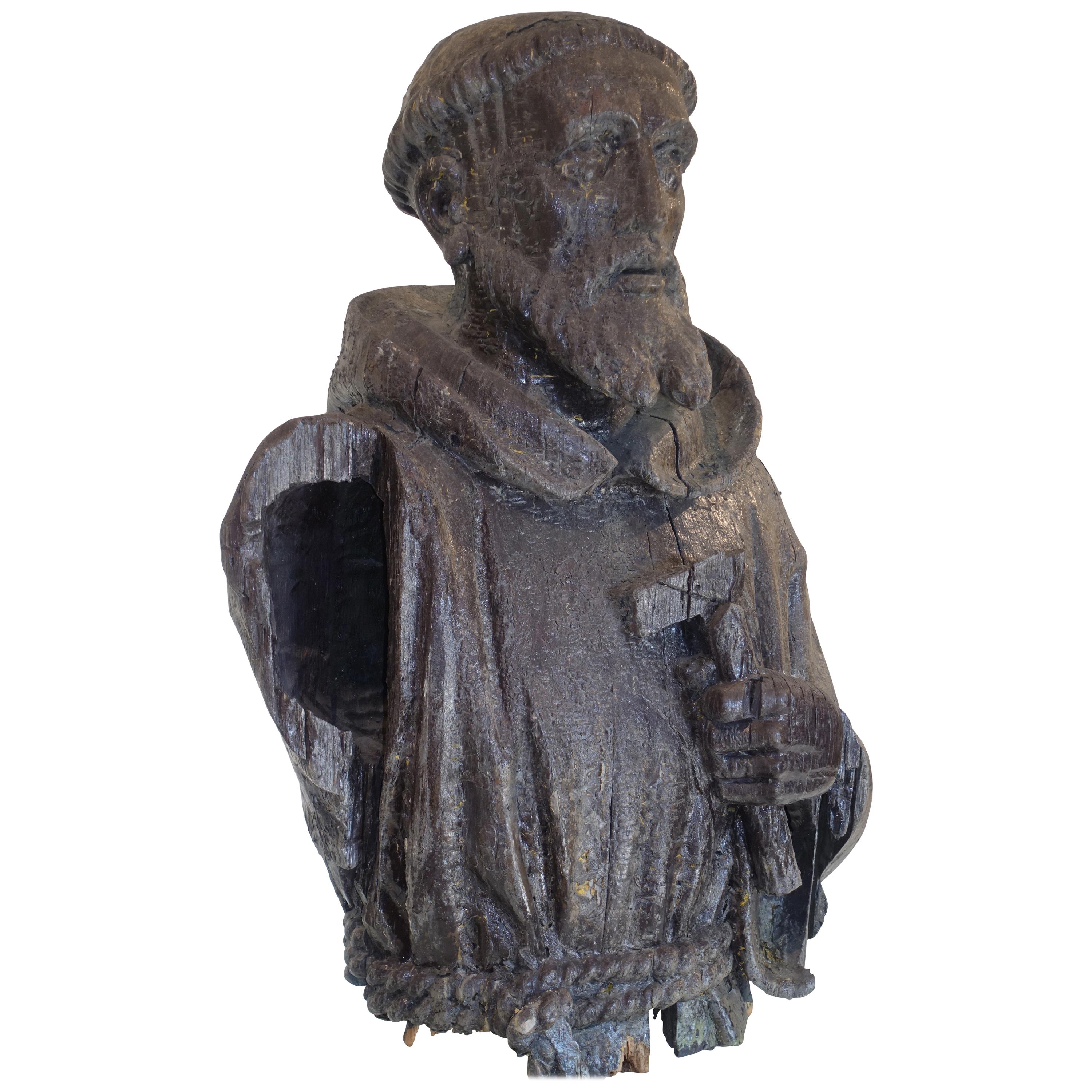 18th Century larger than Life-Size Carved and Painted Bust of Saint Francis