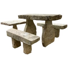 18th Century Limestone Table and Benches from Bourgogne