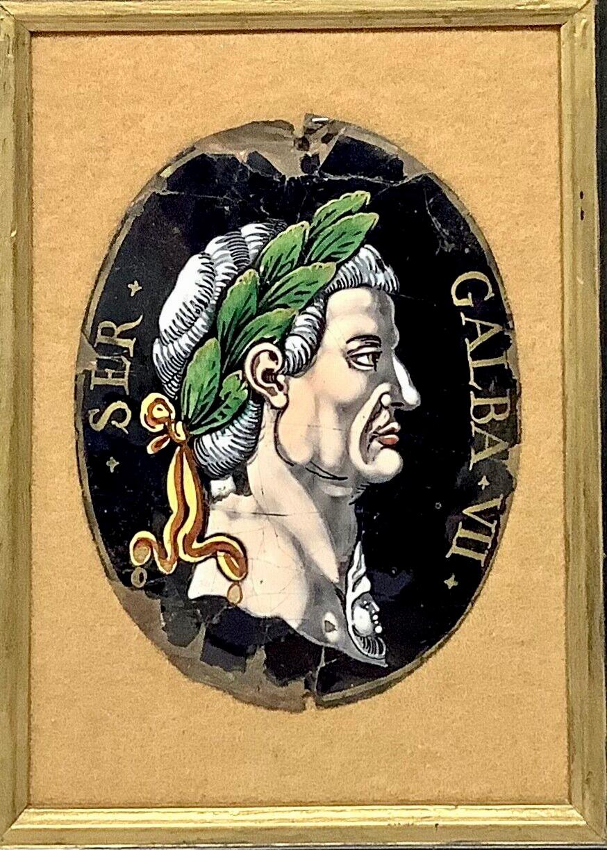 18th Century Limoges enamel plaque depicting Roman Emperor Galba VII. Plaque is surrounded by black wooden frame with gilded inner trim. STYLE OF JEAN II PÉNICAUD.

Dimensions: 8.25