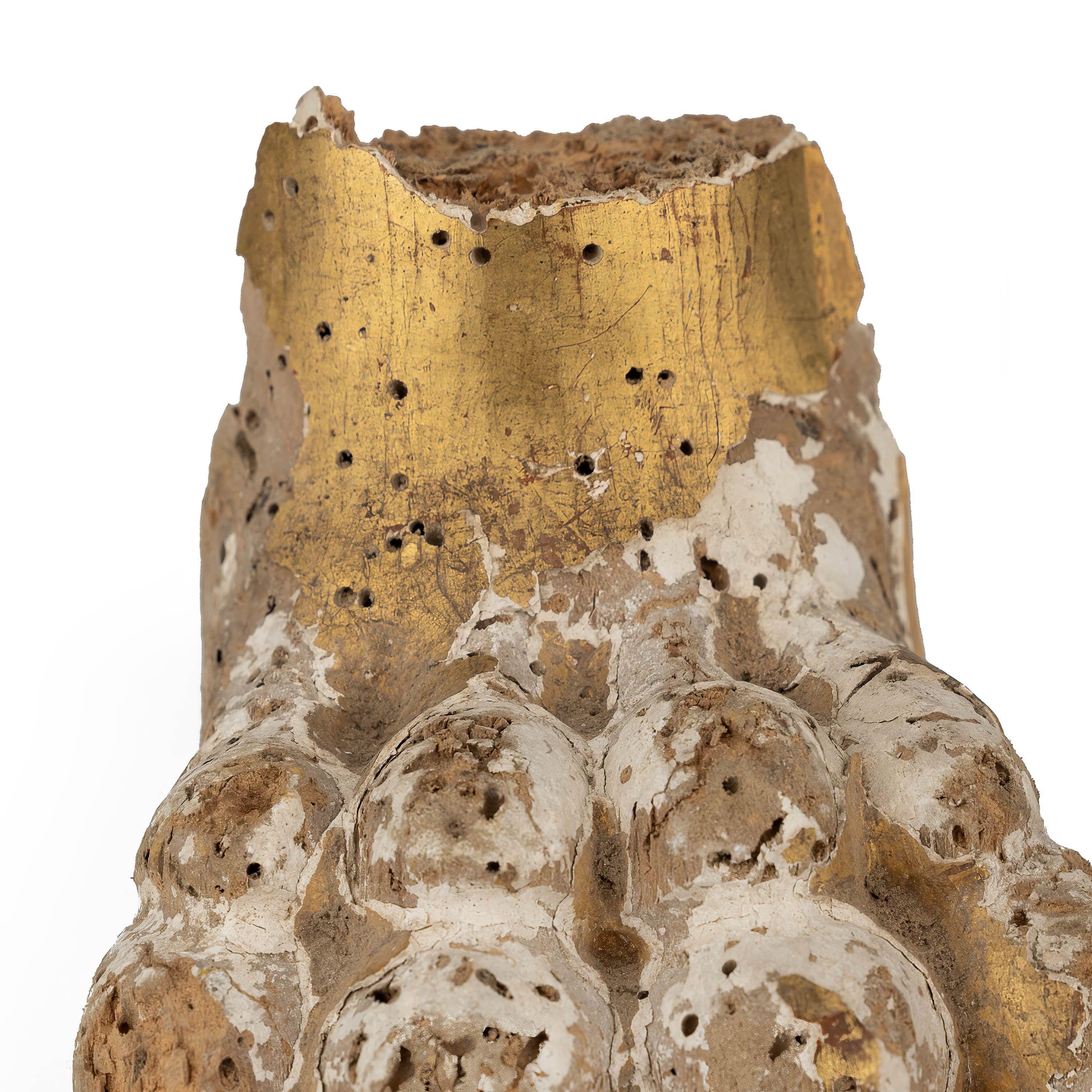 18th Century Carved Lion Paw mounted on Acrylic Base. Traces of the water gilding remain in addition to typical aging on wood this old, such as worm holes and some missing wood on front of the toes. This hand carved wood paw would have been the foot