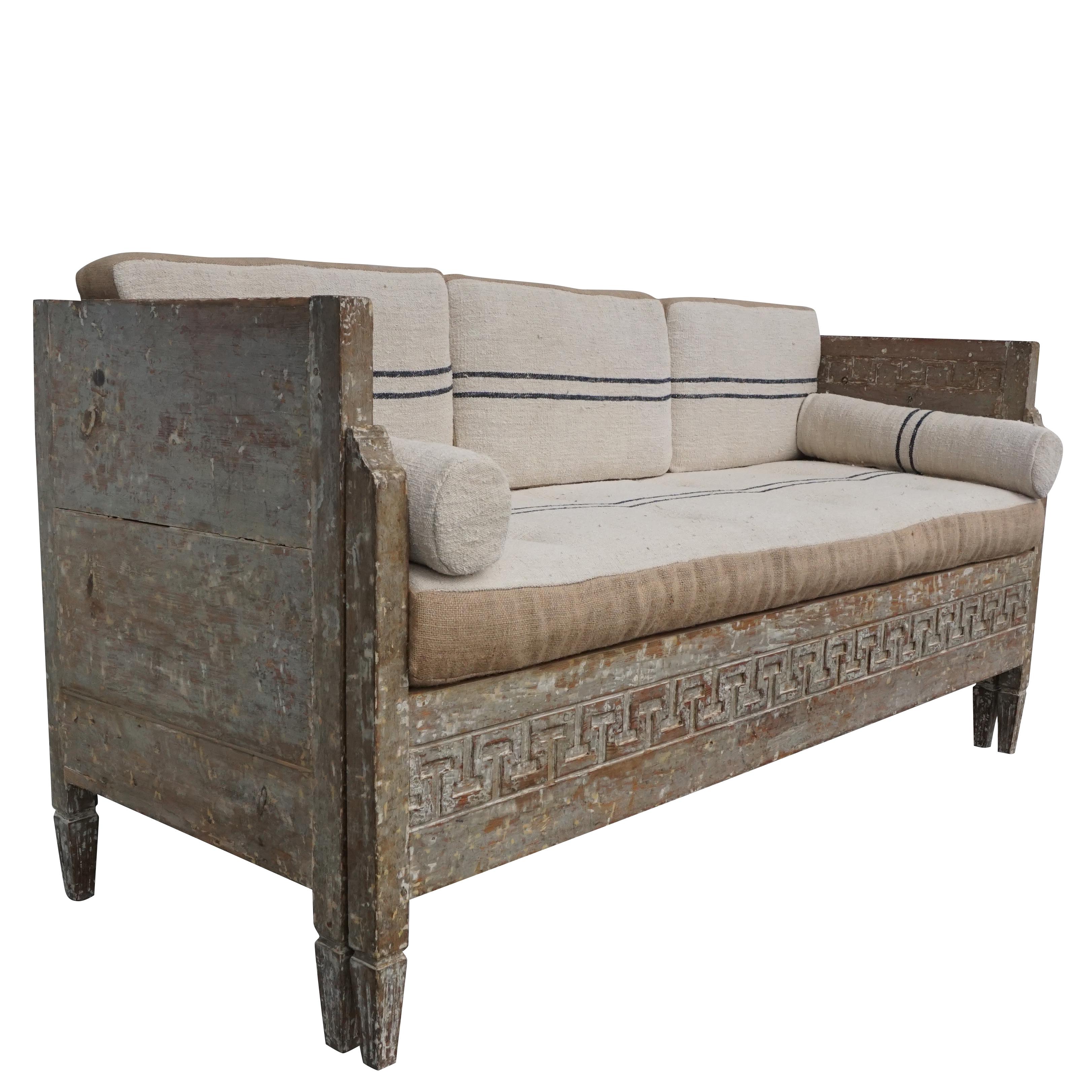 Hand-Carved 18th Century Lit Du Jour, Swedish Gustavian Pinewood Day Bed, Antique Wood Sofa