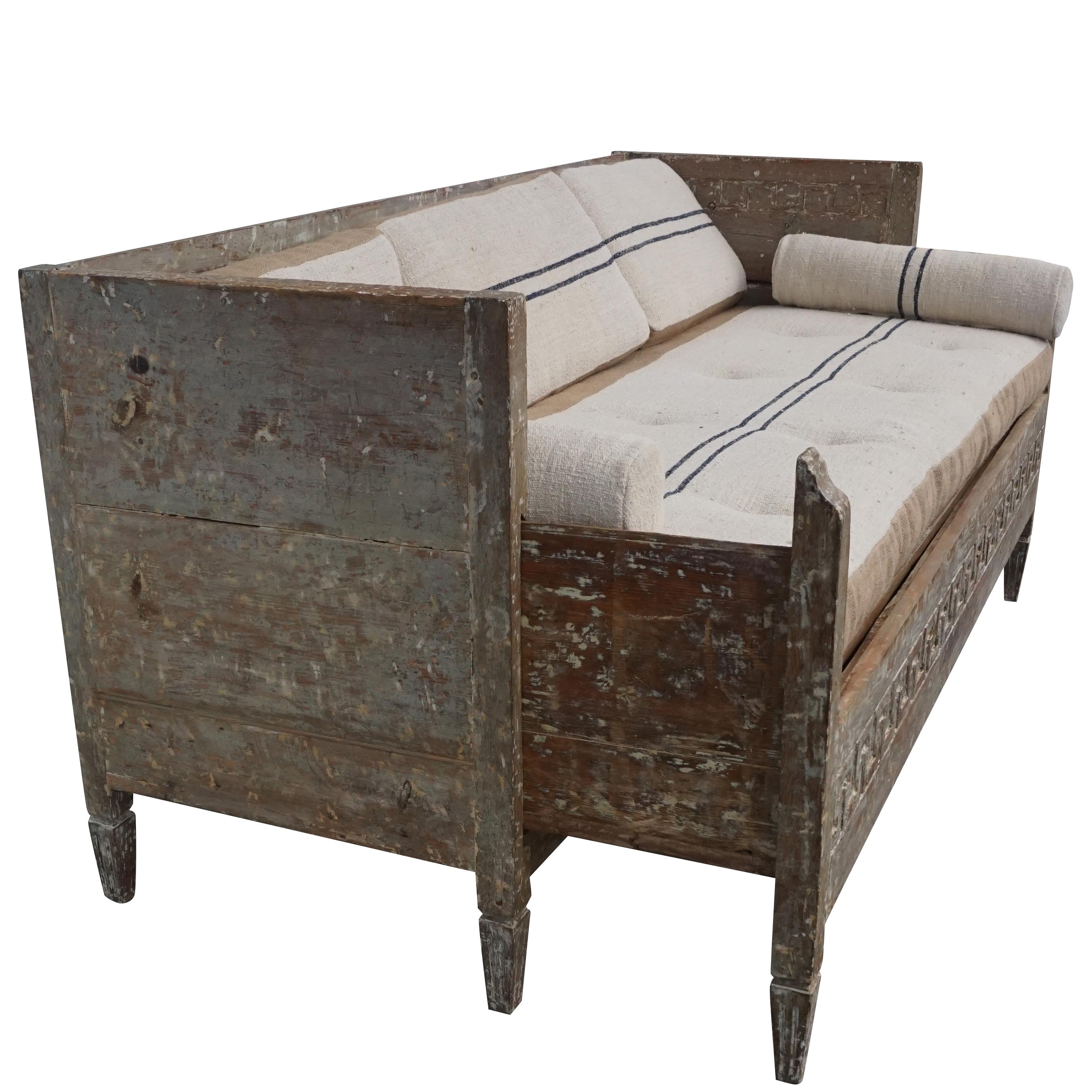 Fabric 18th Century Lit Du Jour, Swedish Gustavian Pinewood Day Bed, Antique Wood Sofa