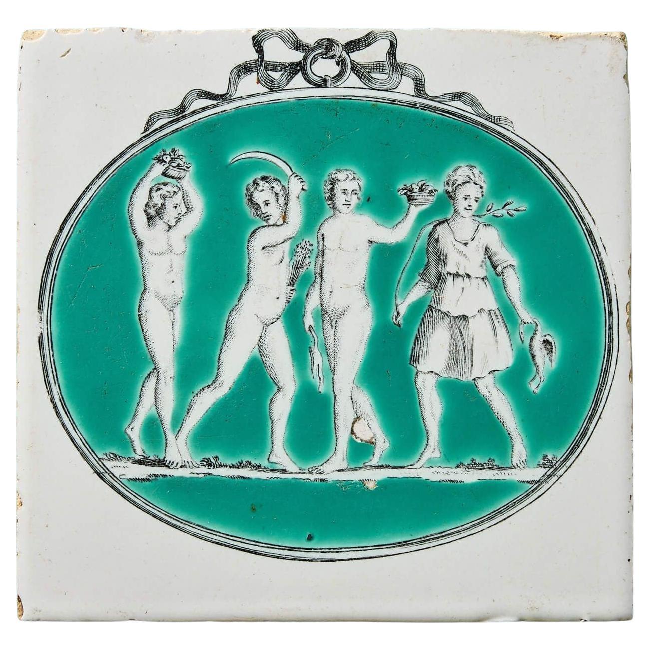 18th Century Liverpool Delft Tile with Neoclassical Figures For Sale