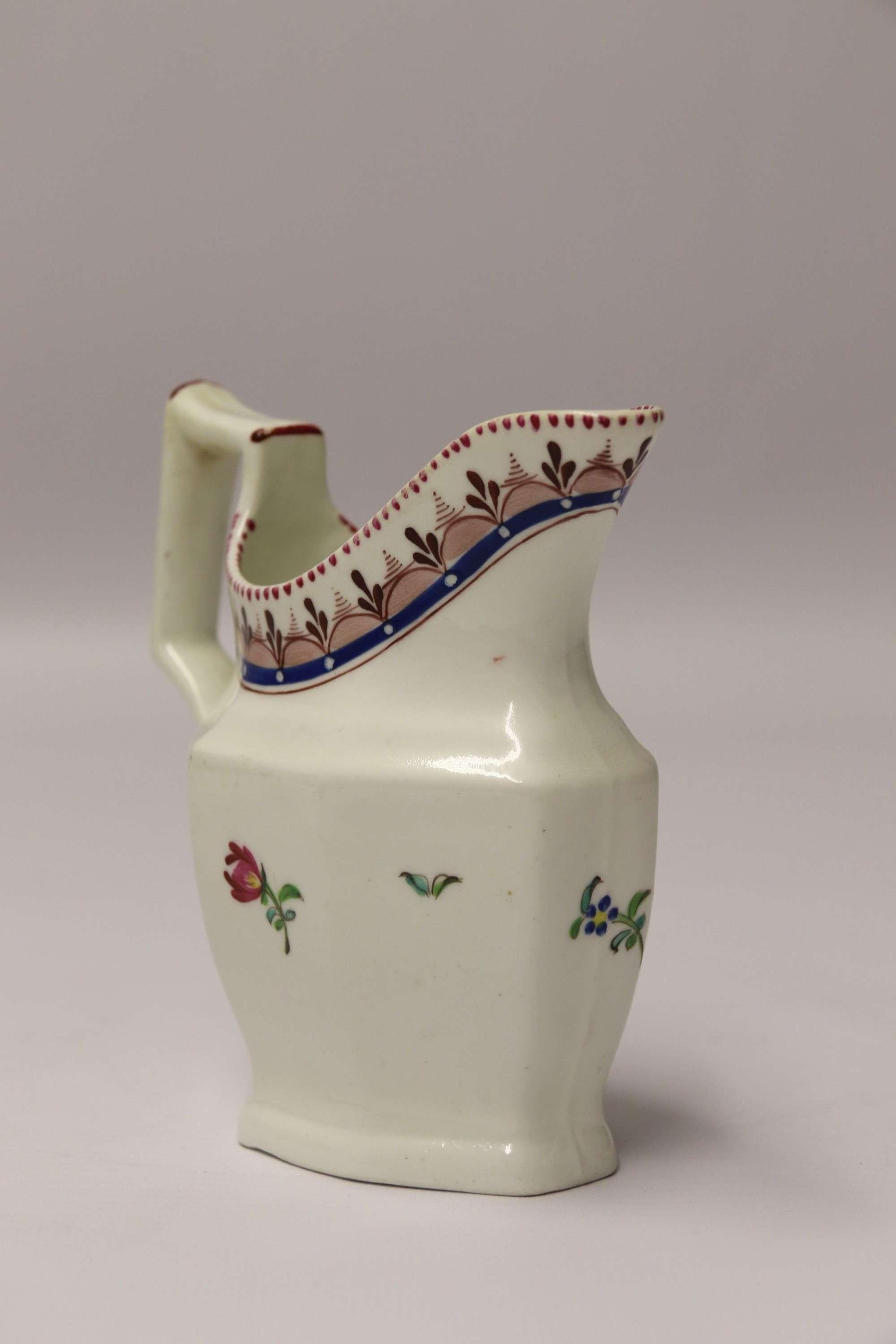 A rare 18th century liverpool/ herculaneum porcelain cream jug, circa 1795.

This rare cream jug dates to circa 1795 and is Liverpool porcelain. John Pennington/Herculaneum. It is of flattened octagonal form with a flared spout and shaped handle.