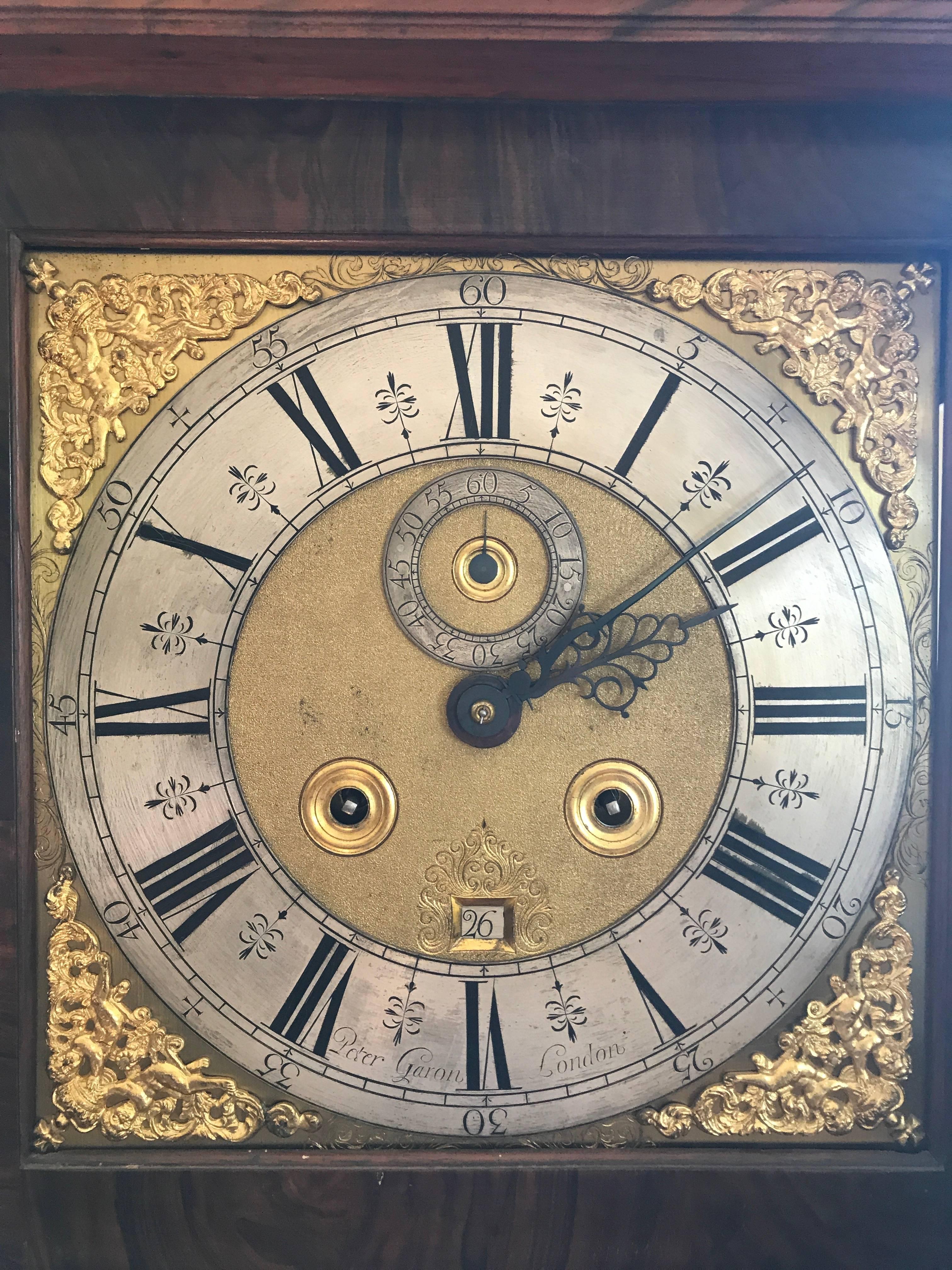 
Large French Gilt Mantle, circa 1890  18th century (circa 1710 ) English palatial fine marquetry month going long case clock by Peter Garon of London. Peter Garon London  of St. Bartholomew’s Lane and later St Giles , Cripplegate.  Apprenticed in