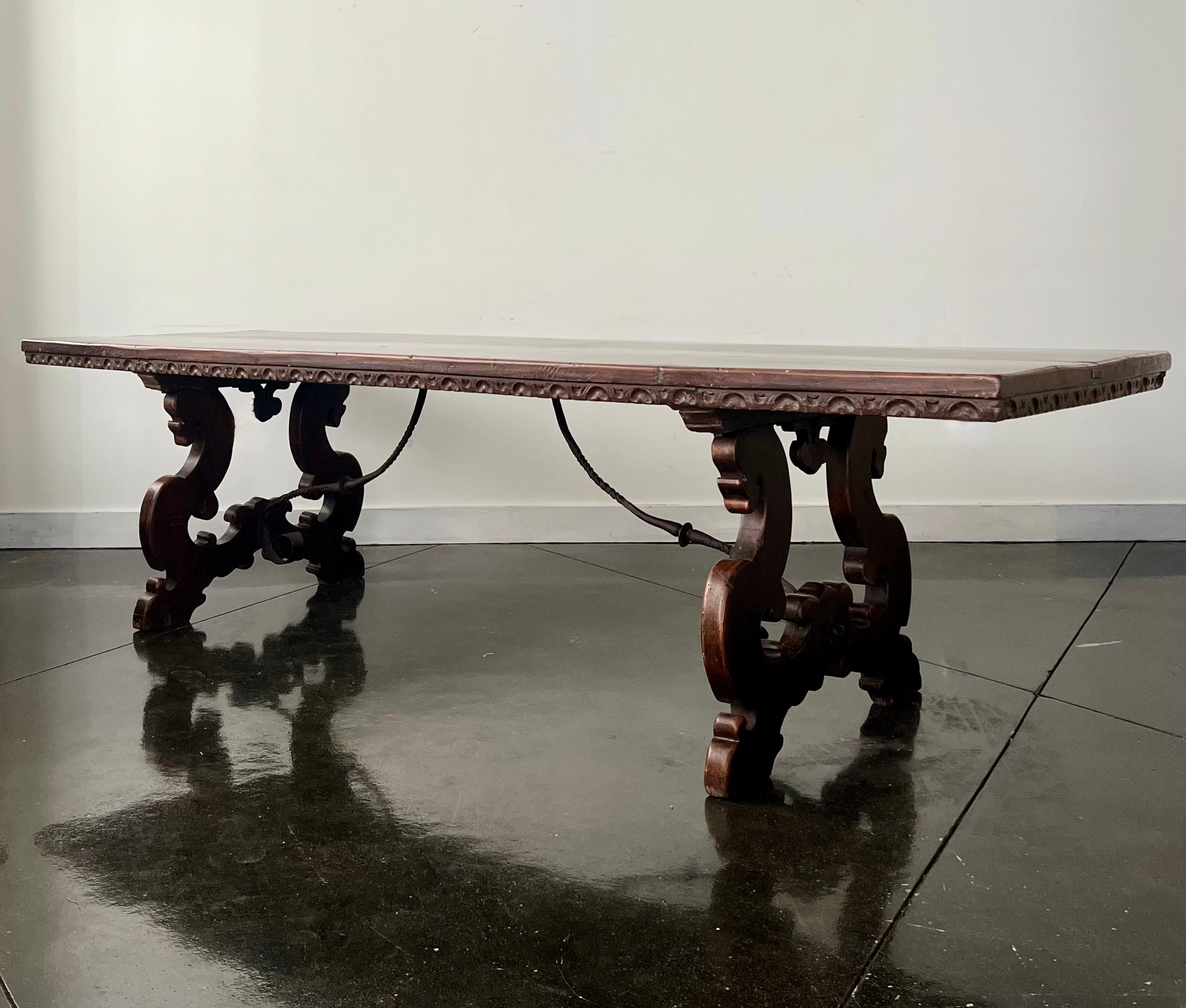 18th Century and Earlier 18th Century Long Walnut Florentine Italian Dining Table with Iron Strecher For Sale