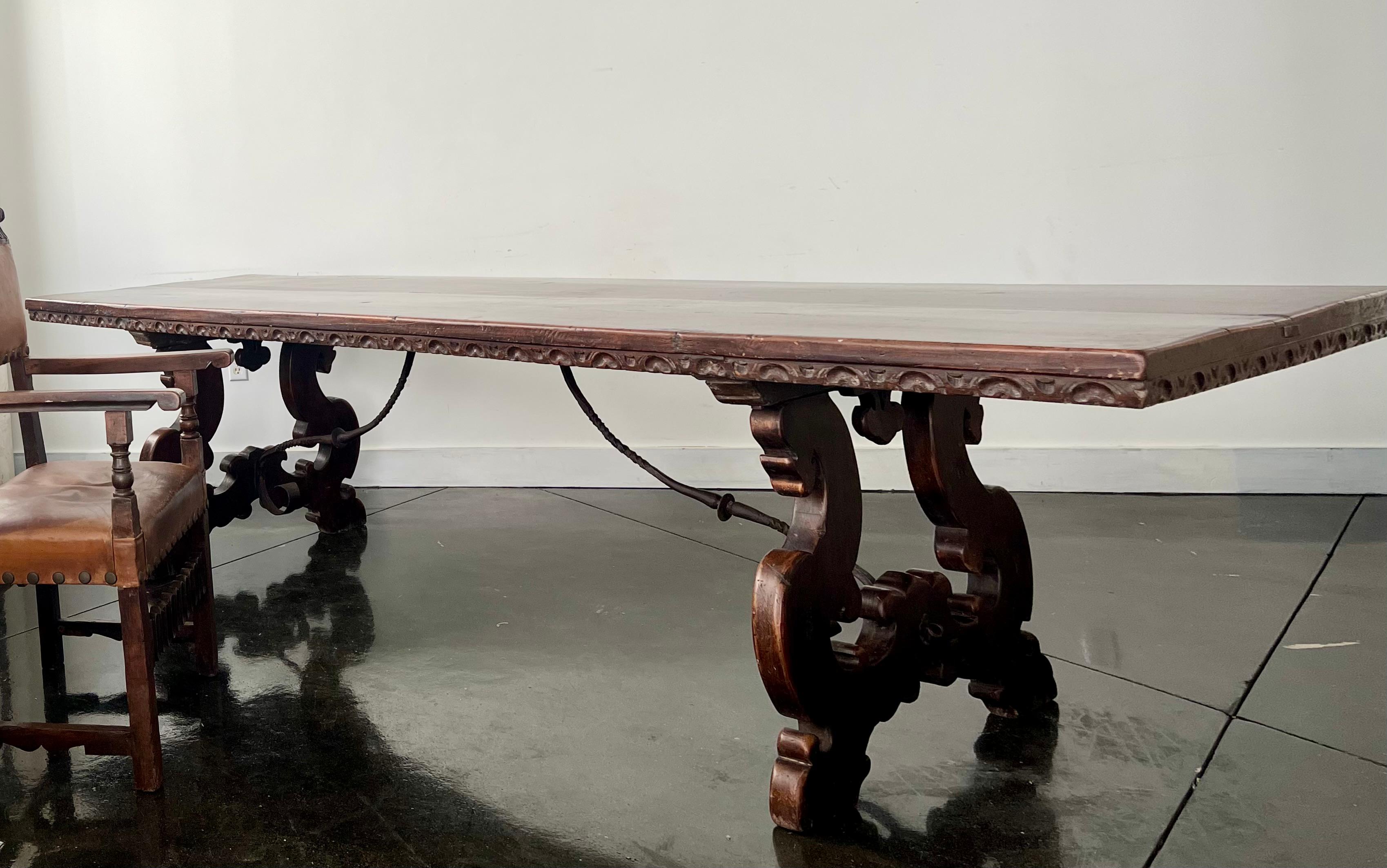 Wrought Iron 18th Century Long Walnut Florentine Italian Dining Table with Iron Strecher For Sale