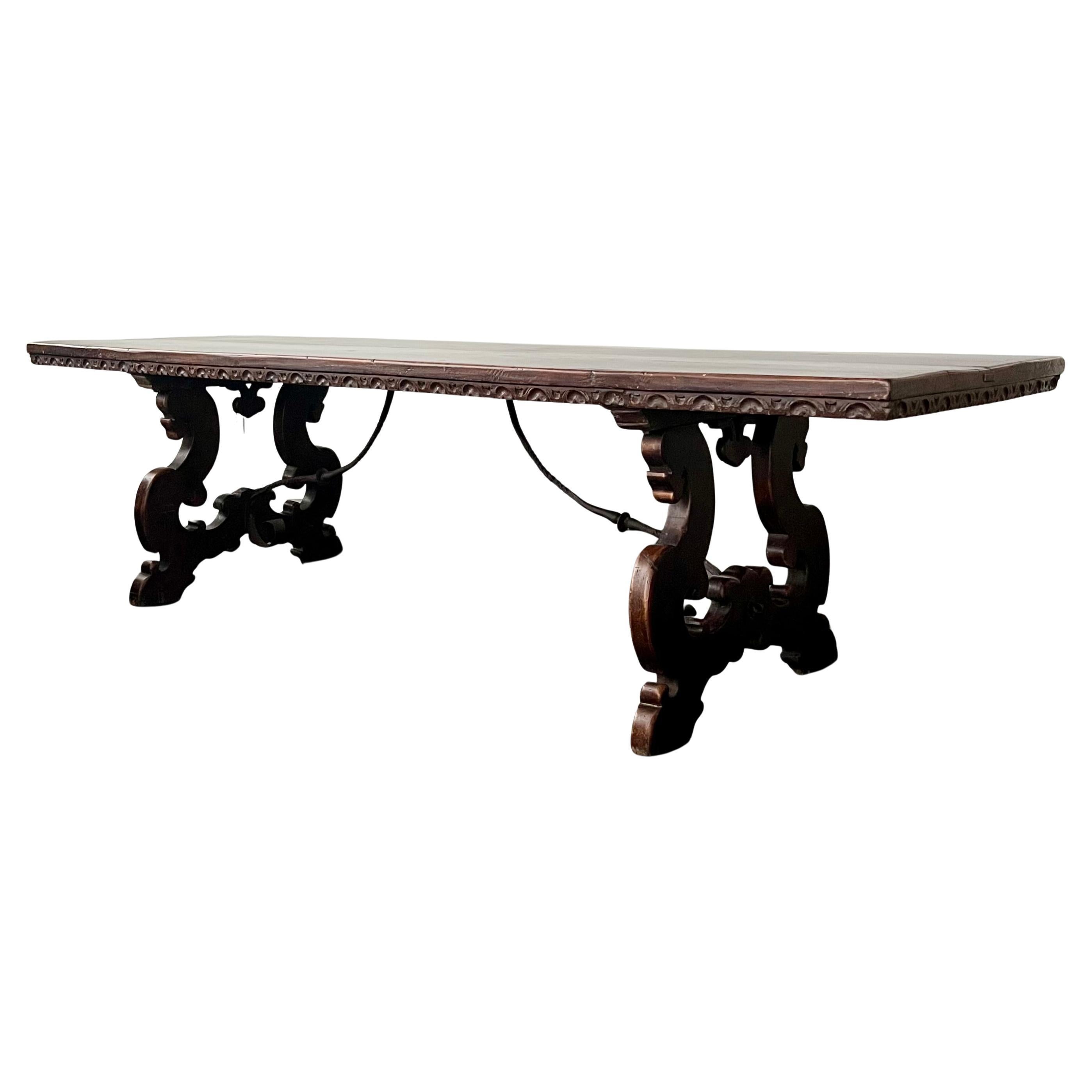 18th Century Long Walnut Florentine Italian Dining Table with Iron Strecher For Sale