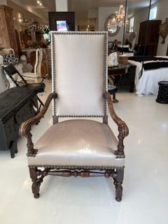 18th Century Louis XIII Style Arm Chair in Taupe Silk