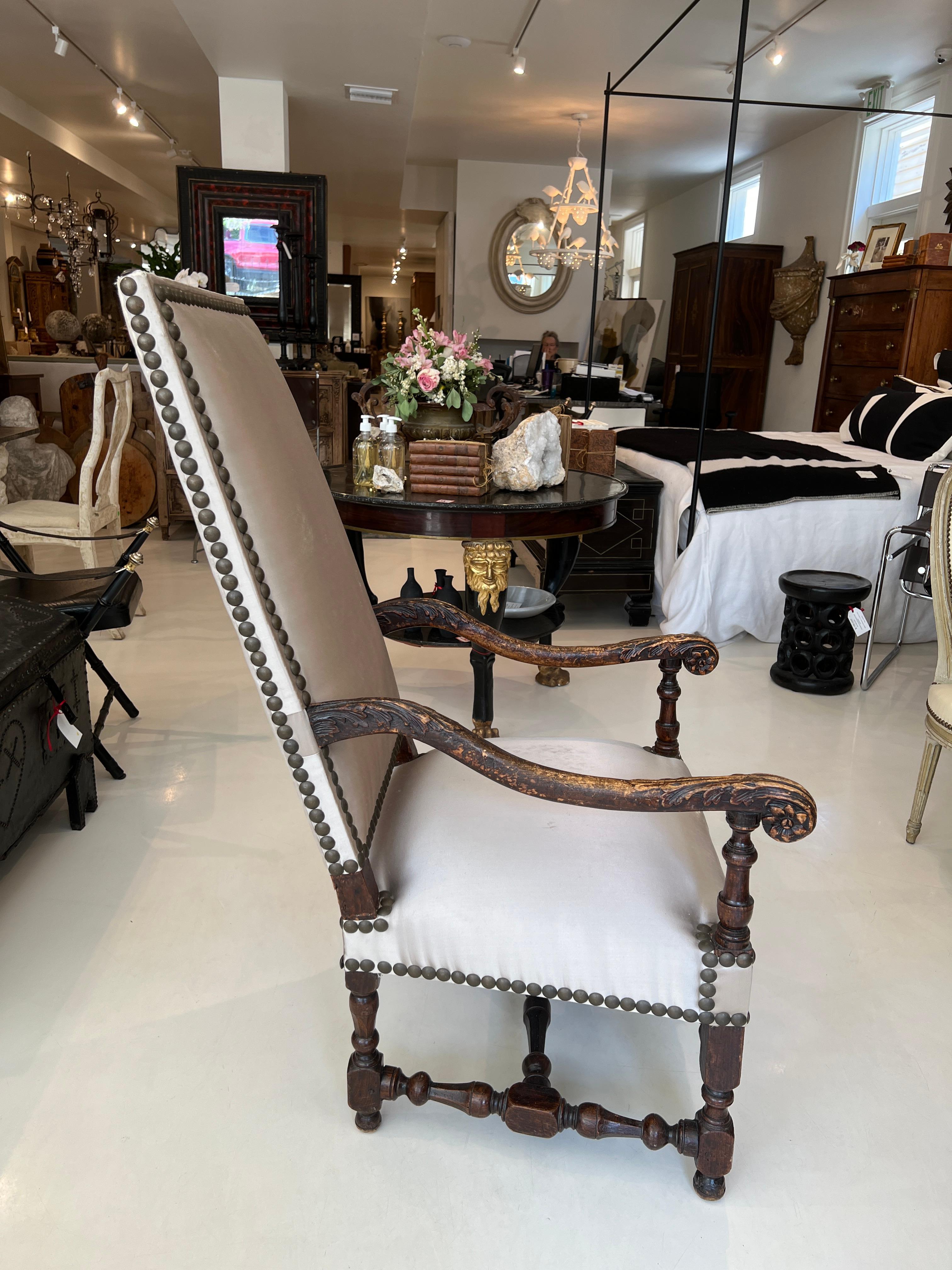 18th Century Louis XIII Style Arm Chair in Taupe Silk In Fair Condition For Sale In New Orleans, LA