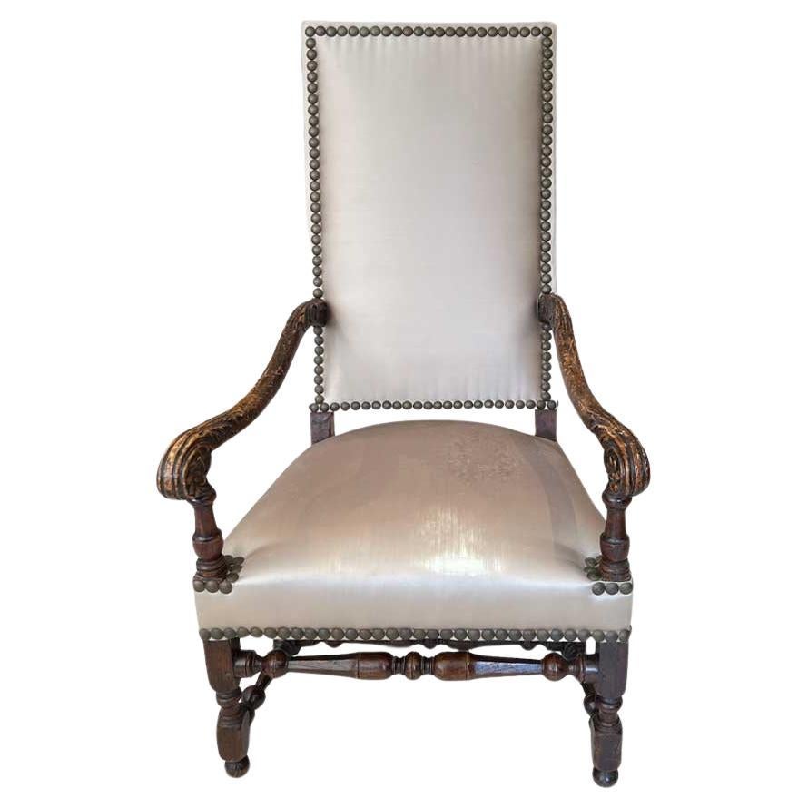 18th Century Louis XIII Style Arm Chair in Taupe Silk For Sale