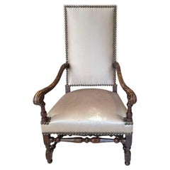 18th Century Louis XIII Style Arm Chair in Taupe Silk