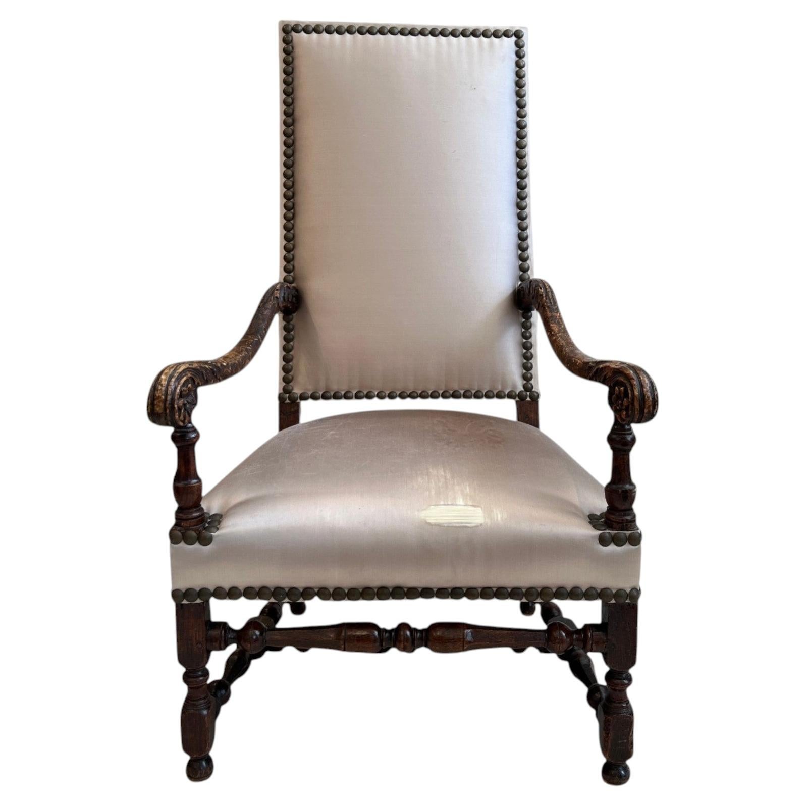 18th Century Louis XIII Style Arm Chair in Taupe Silk
