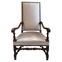 18th Century Louis XIII Style Arm Chair in Taupe Silk