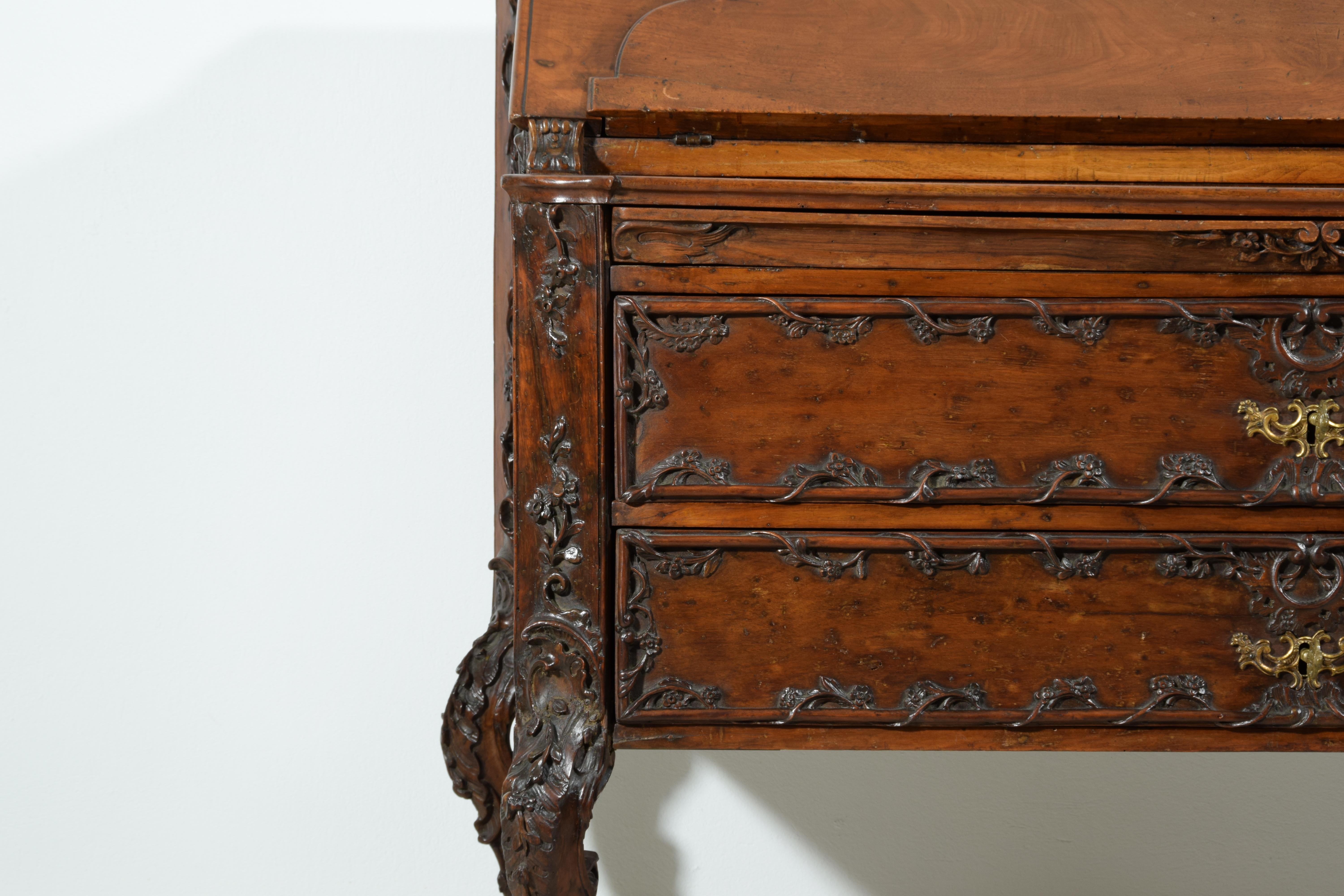 18th Century, Louis XIV Carved Walnut Wood Drop-Leaf Cabinet For Sale 9