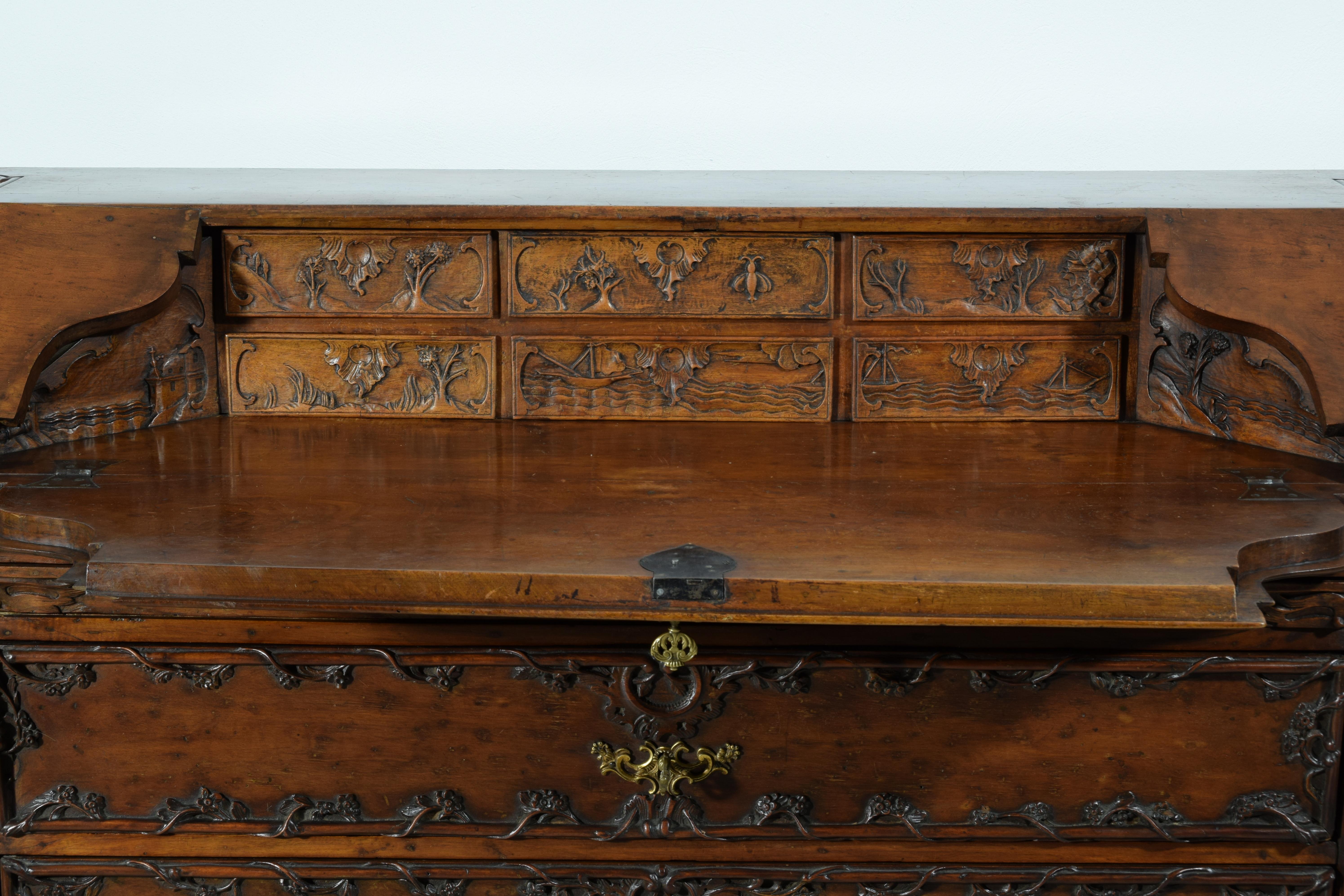 18th Century, Louis XIV Carved Walnut Wood Drop-Leaf Cabinet For Sale 12