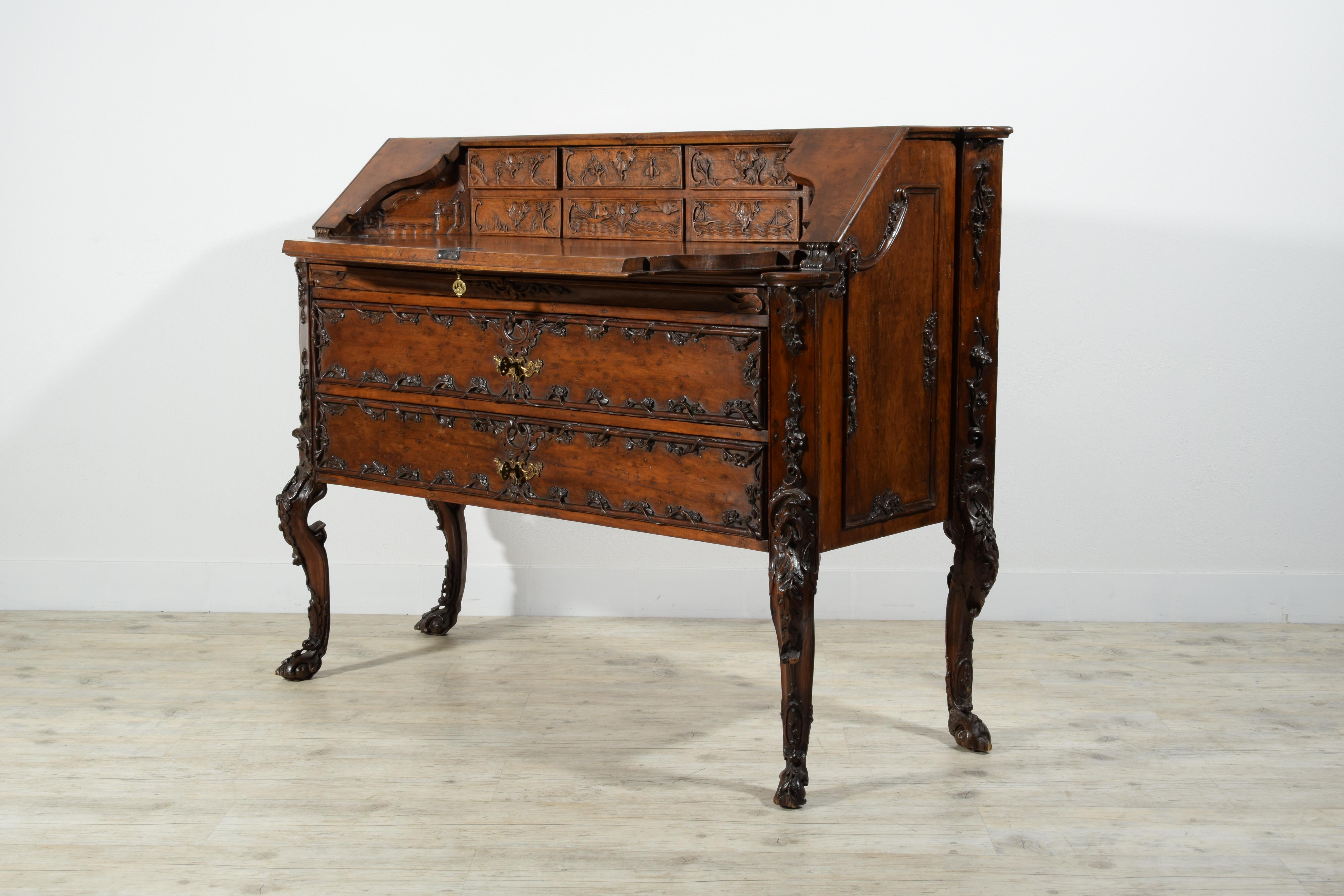 18th Century, Louis XIV Carved Walnut Wood Drop-Leaf Cabinet For Sale 13
