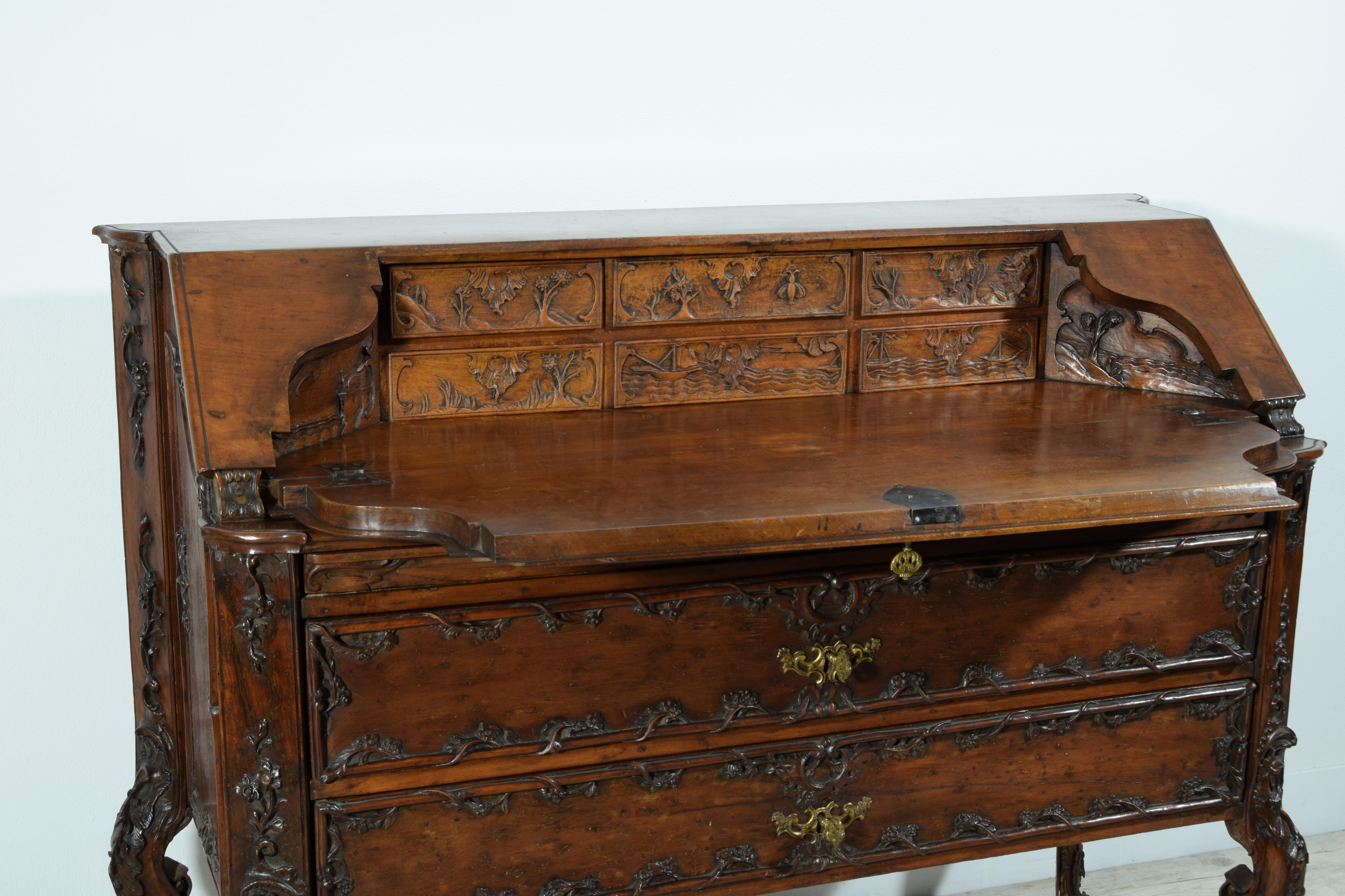 18th Century, Louis XIV Carved Walnut Wood Drop-Leaf Cabinet For Sale 14