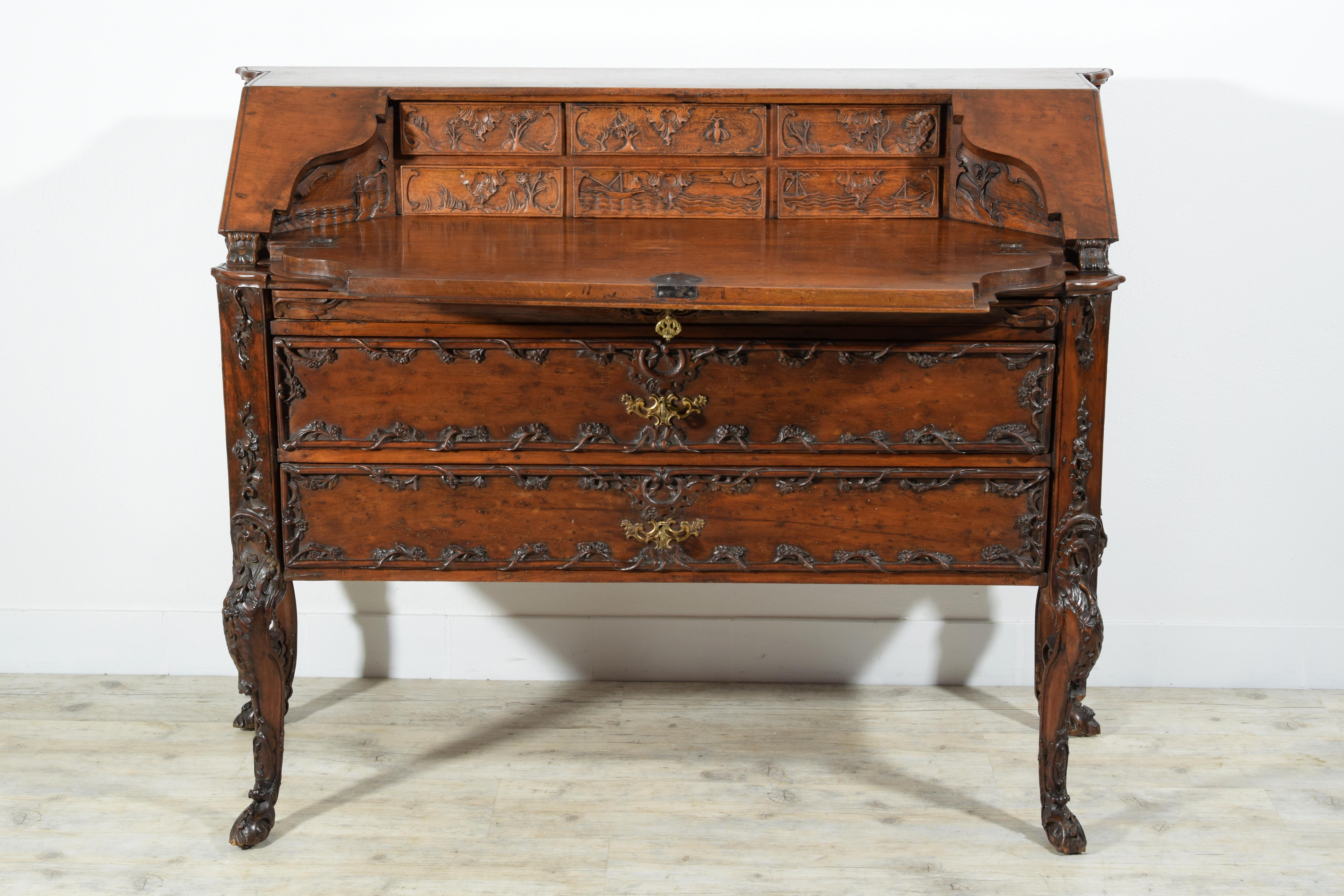 European 18th Century, Louis XIV Carved Walnut Wood Drop-Leaf Cabinet For Sale