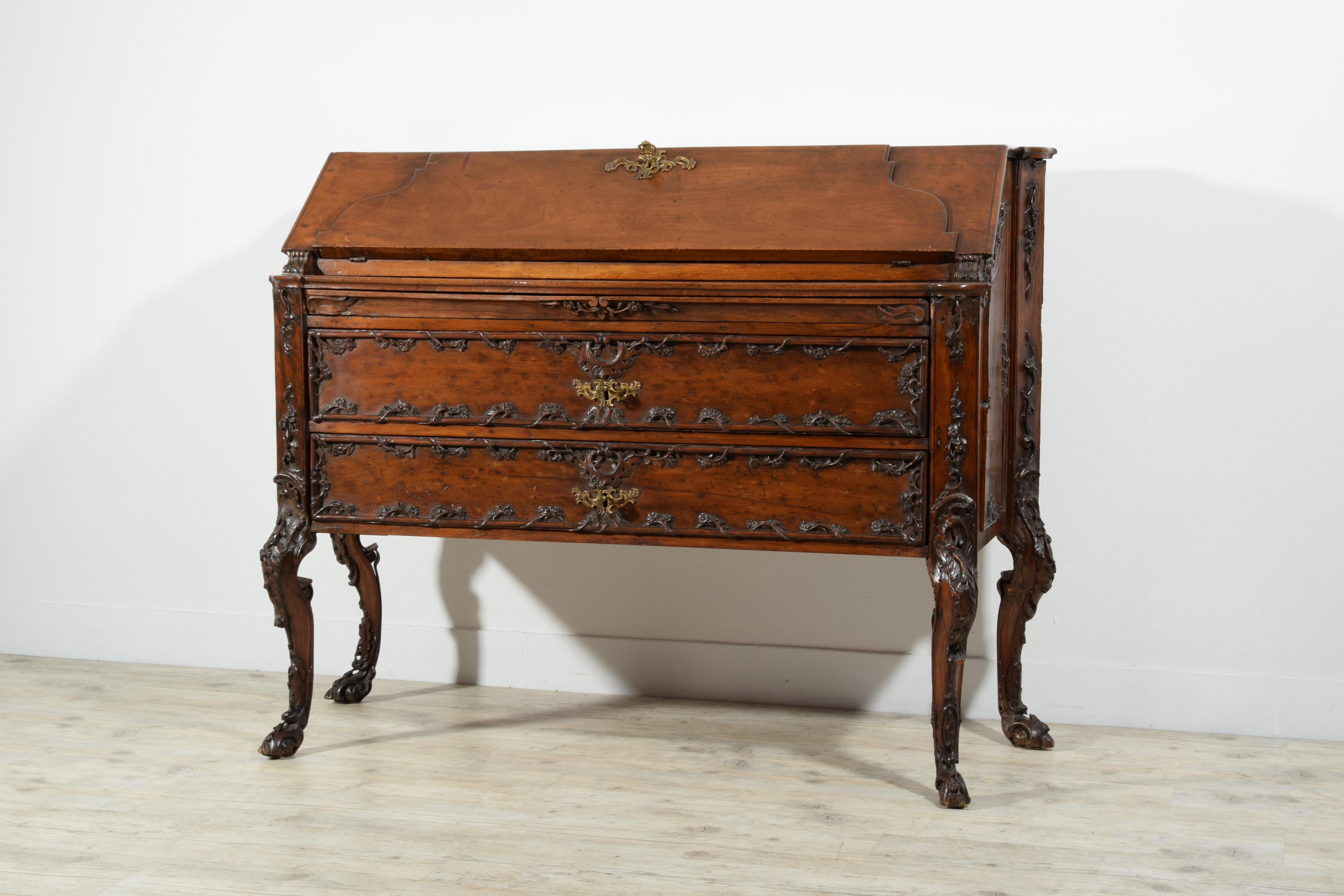 Bronze 18th Century, Louis XIV Carved Walnut Wood Drop-Leaf Cabinet For Sale