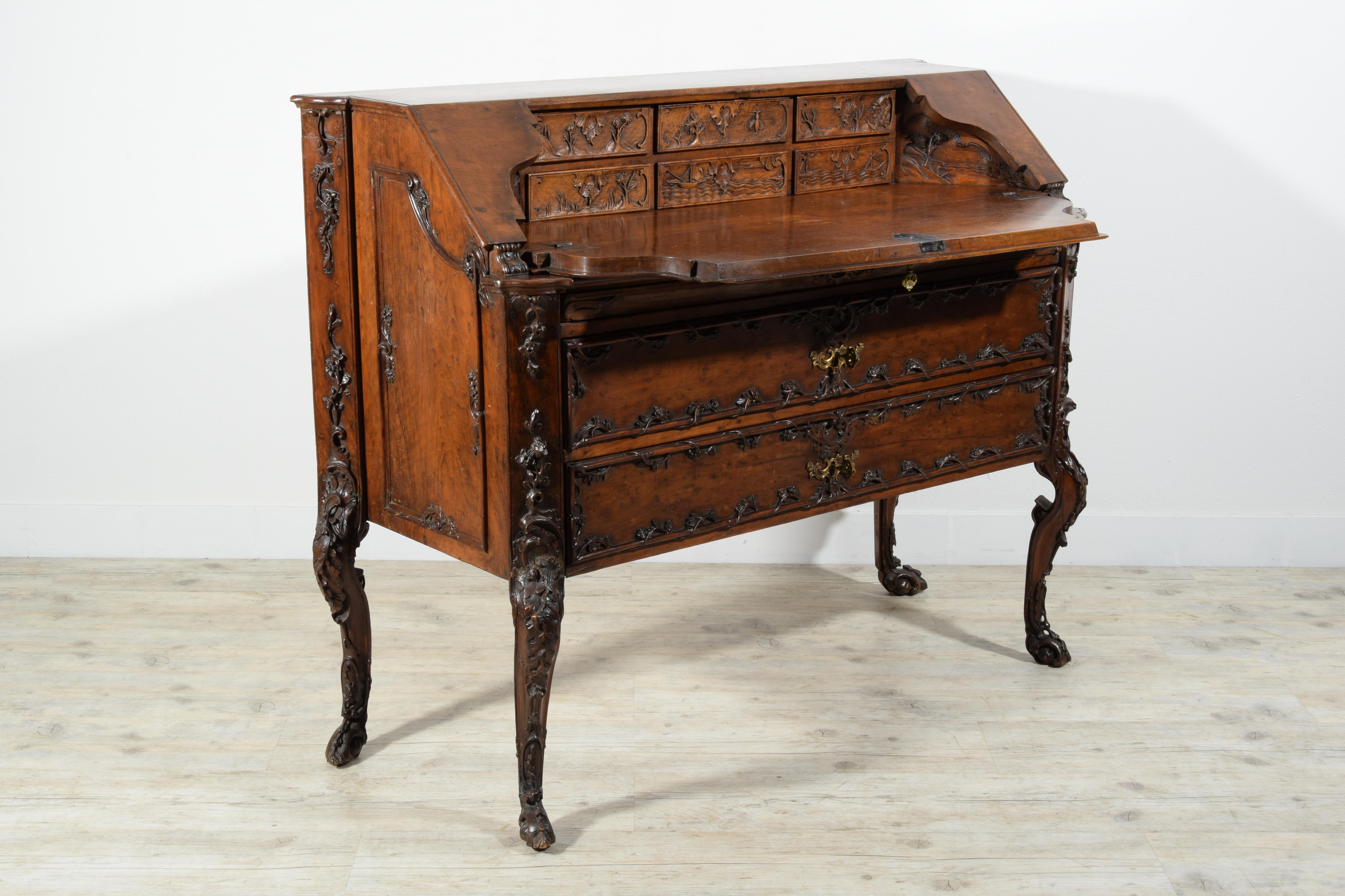 18th Century, Louis XIV Carved Walnut Wood Drop-Leaf Cabinet For Sale 1