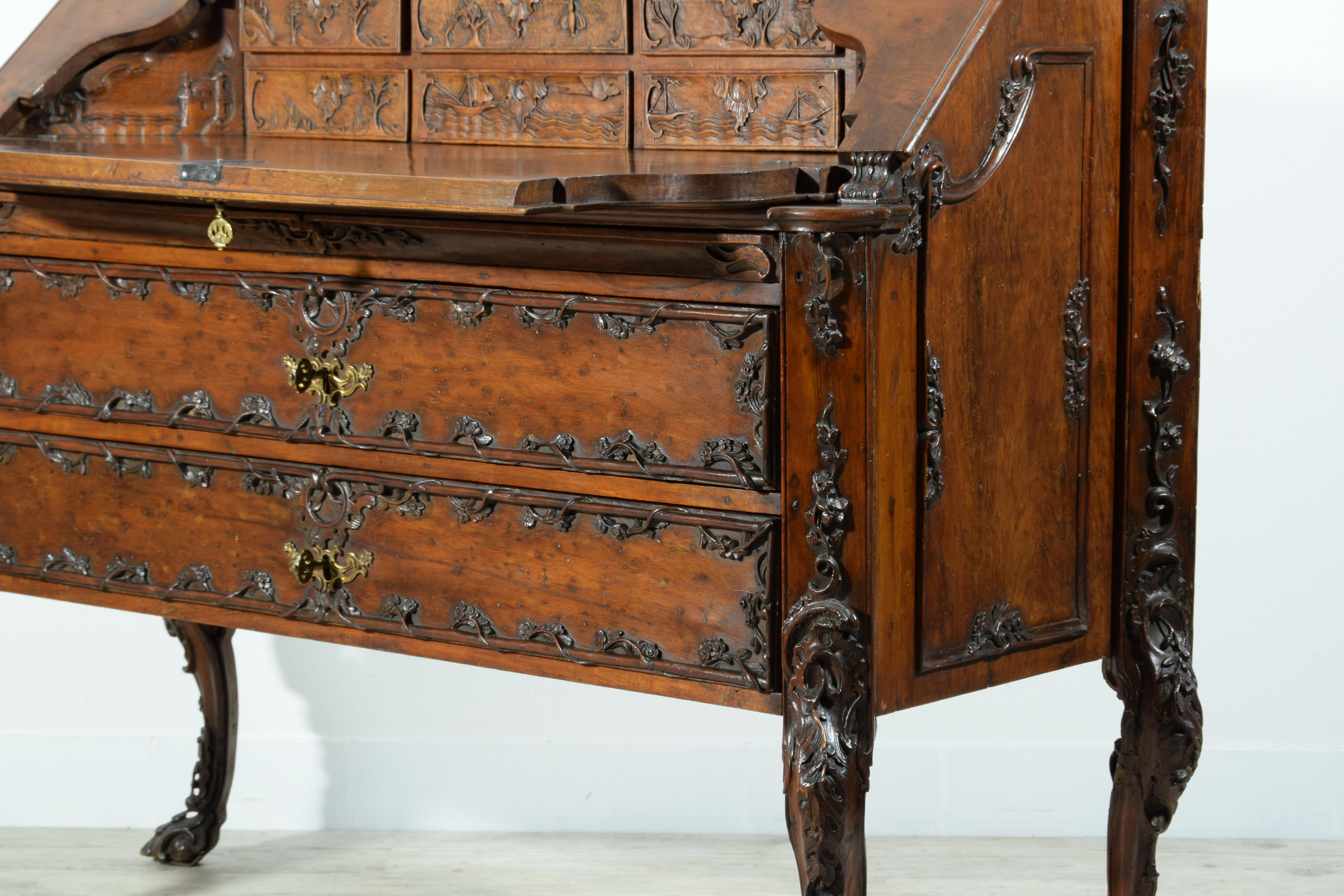 18th Century, Louis XIV Carved Walnut Wood Drop-Leaf Cabinet For Sale 2