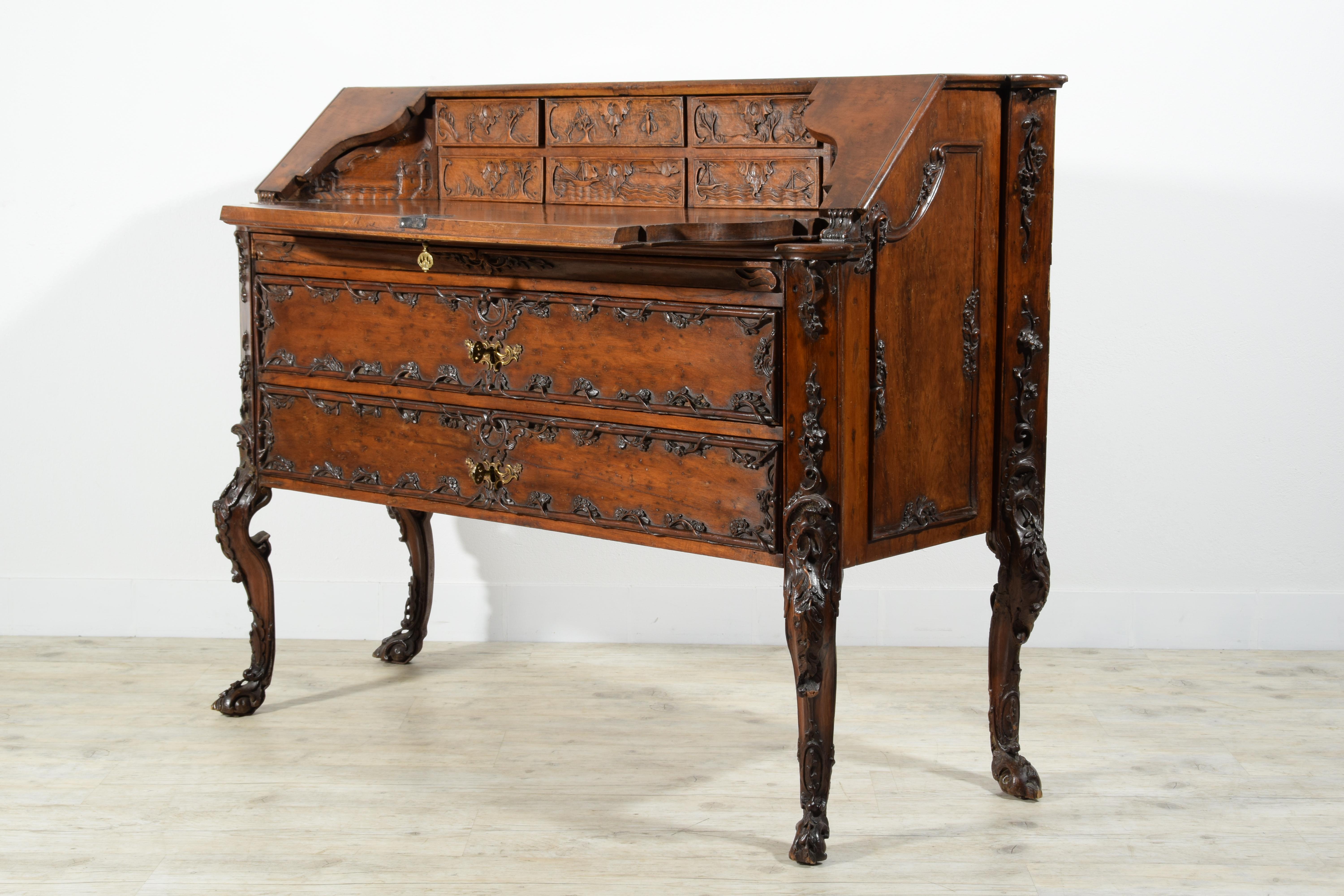 18th Century, Louis XIV Carved Walnut Wood Drop-Leaf Cabinet For Sale 3