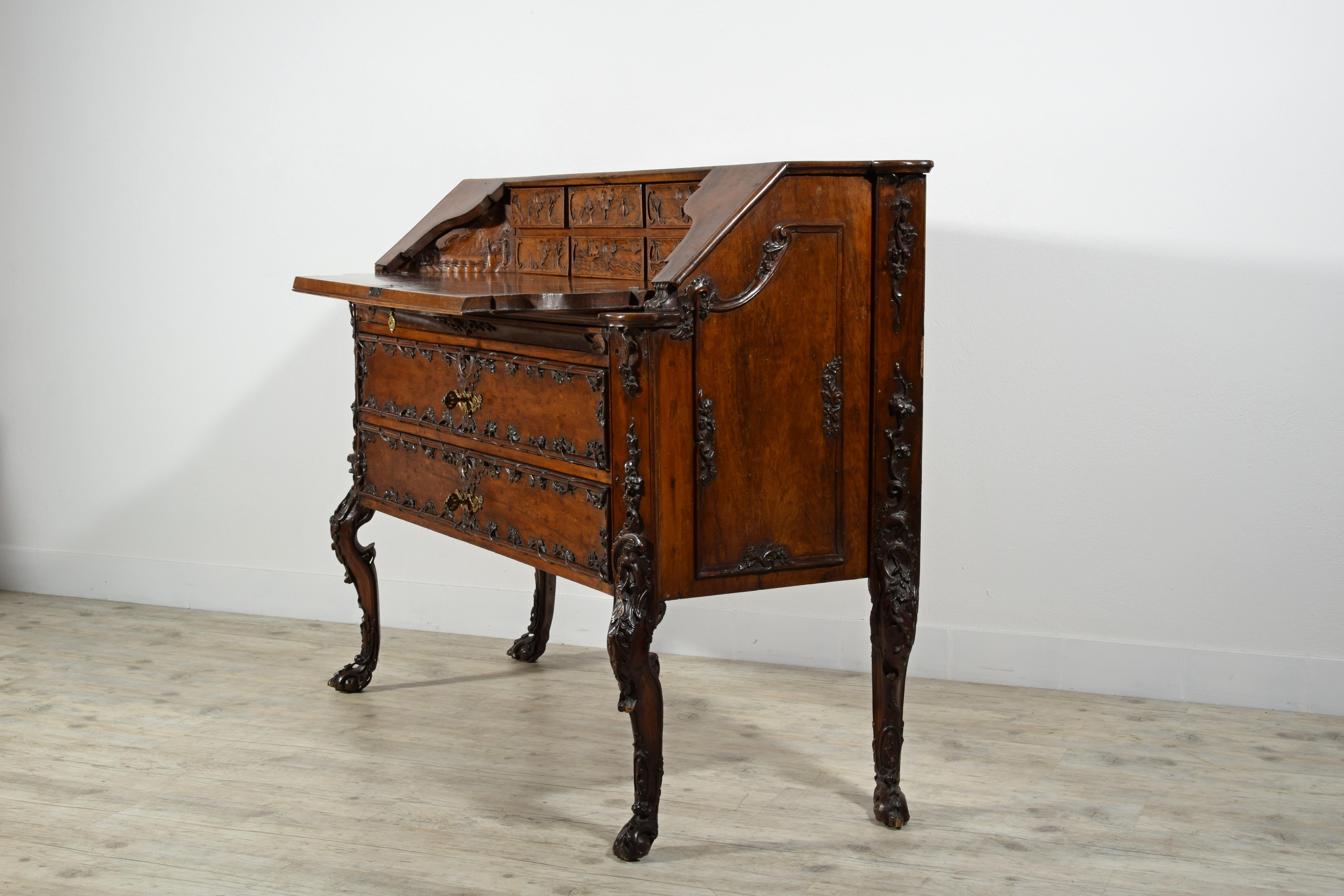 18th Century, Louis XIV Carved Walnut Wood Drop-Leaf Cabinet For Sale 4