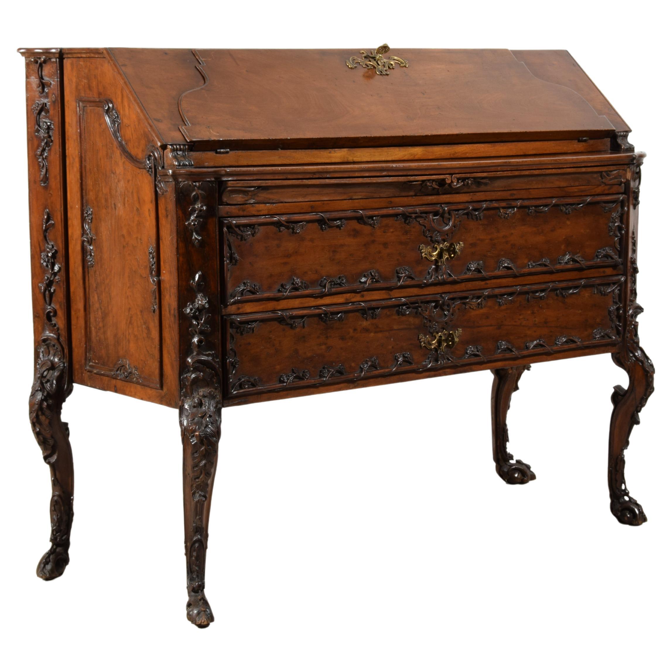 18th Century, Louis XIV Carved Walnut Wood Drop-Leaf Cabinet For Sale